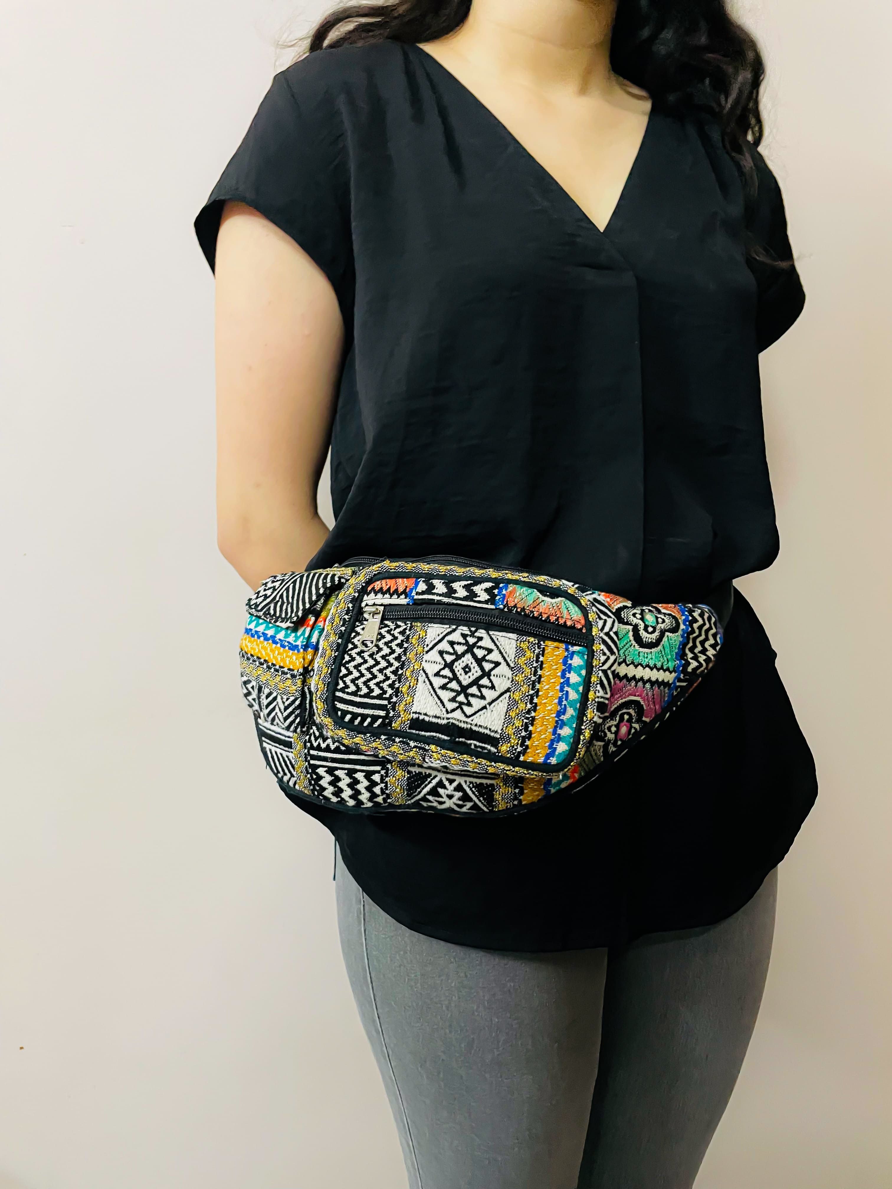 Multicolor Patchwork Hemp Crossbody Bag with Tribal Motifs