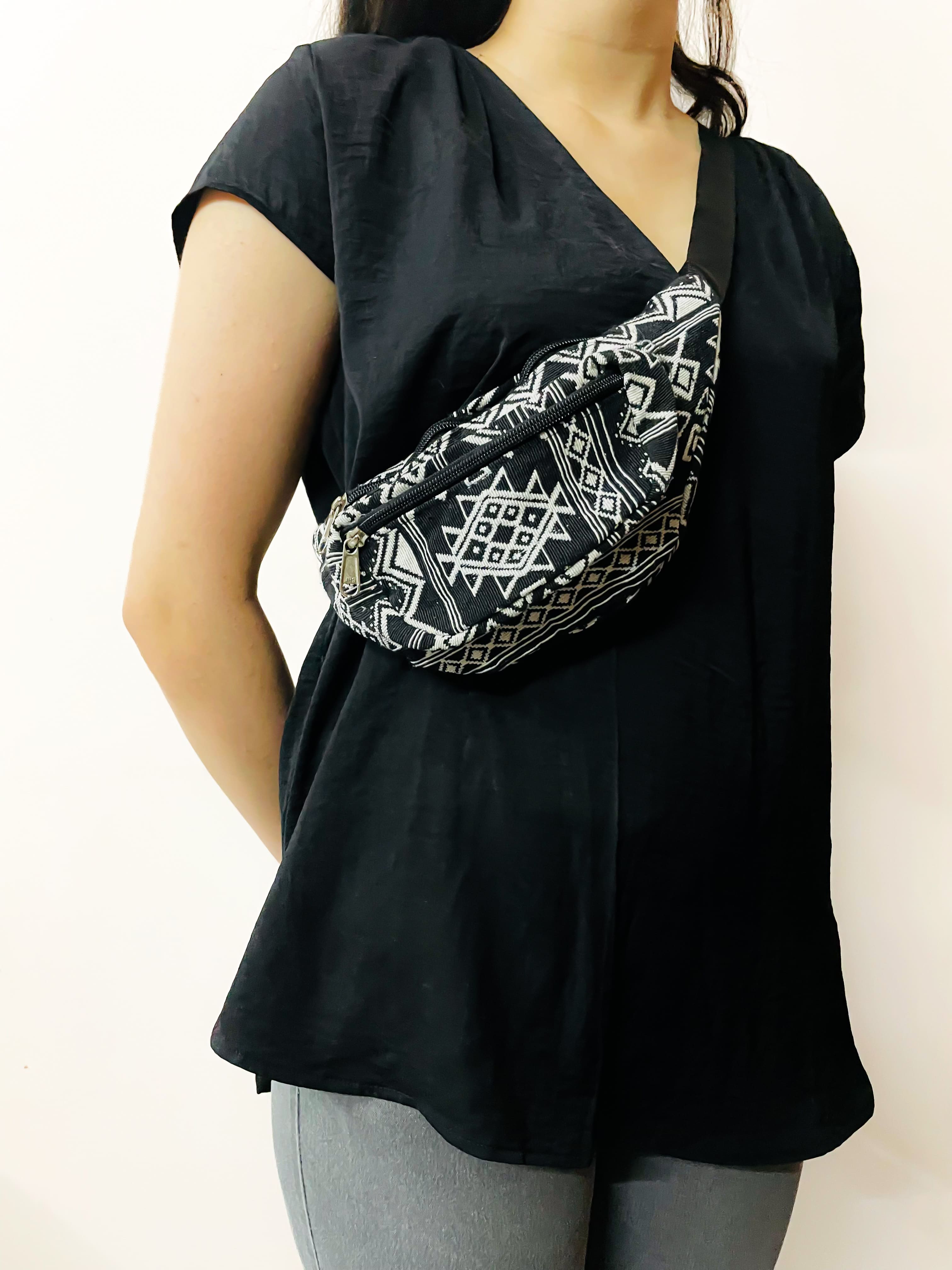 Black & White Small Hemp Crossbody Bag with Tribal Pattern