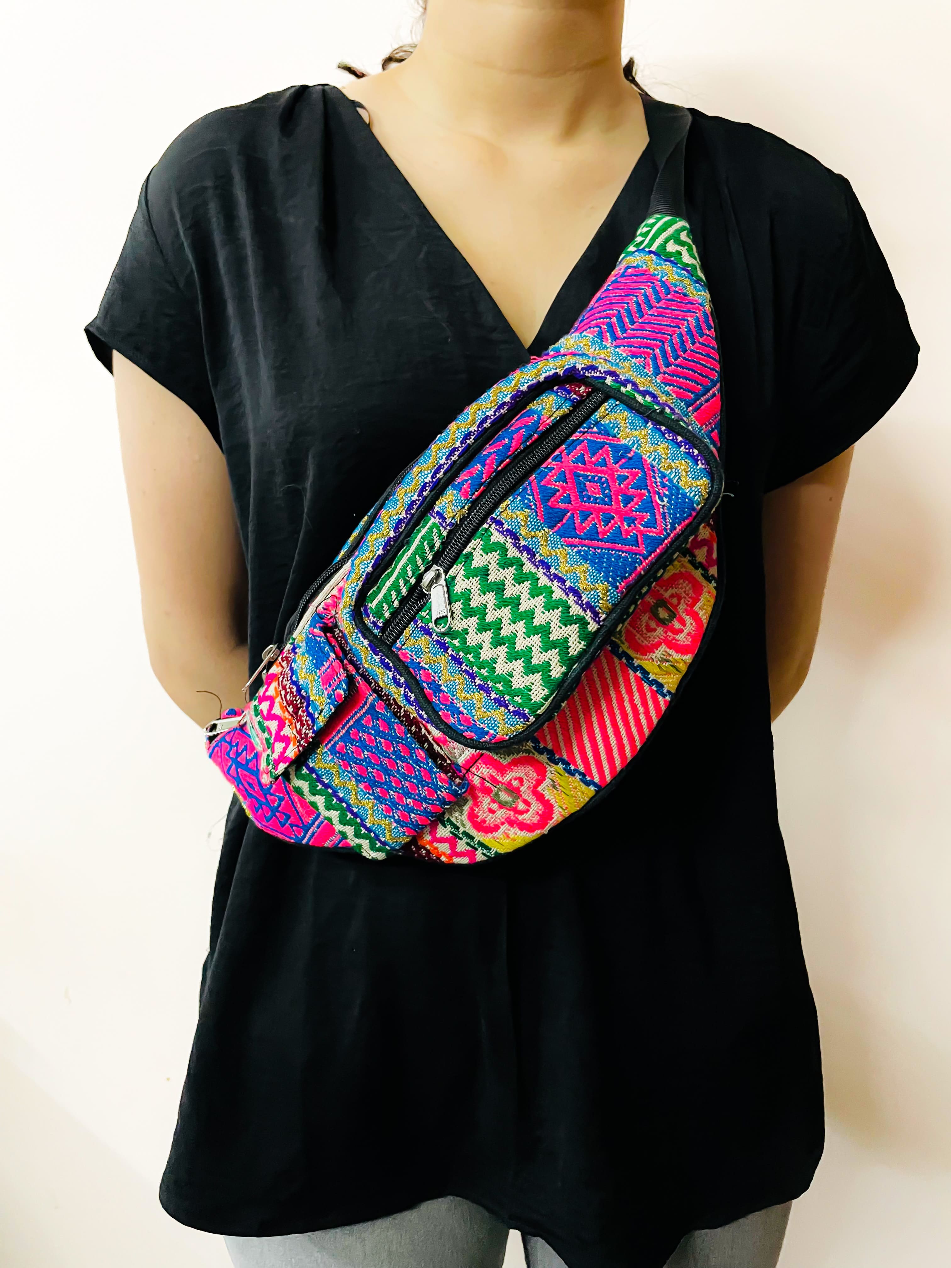 Multicolor Hemp Crossbody Bag with Boho Patchwork Pattern
