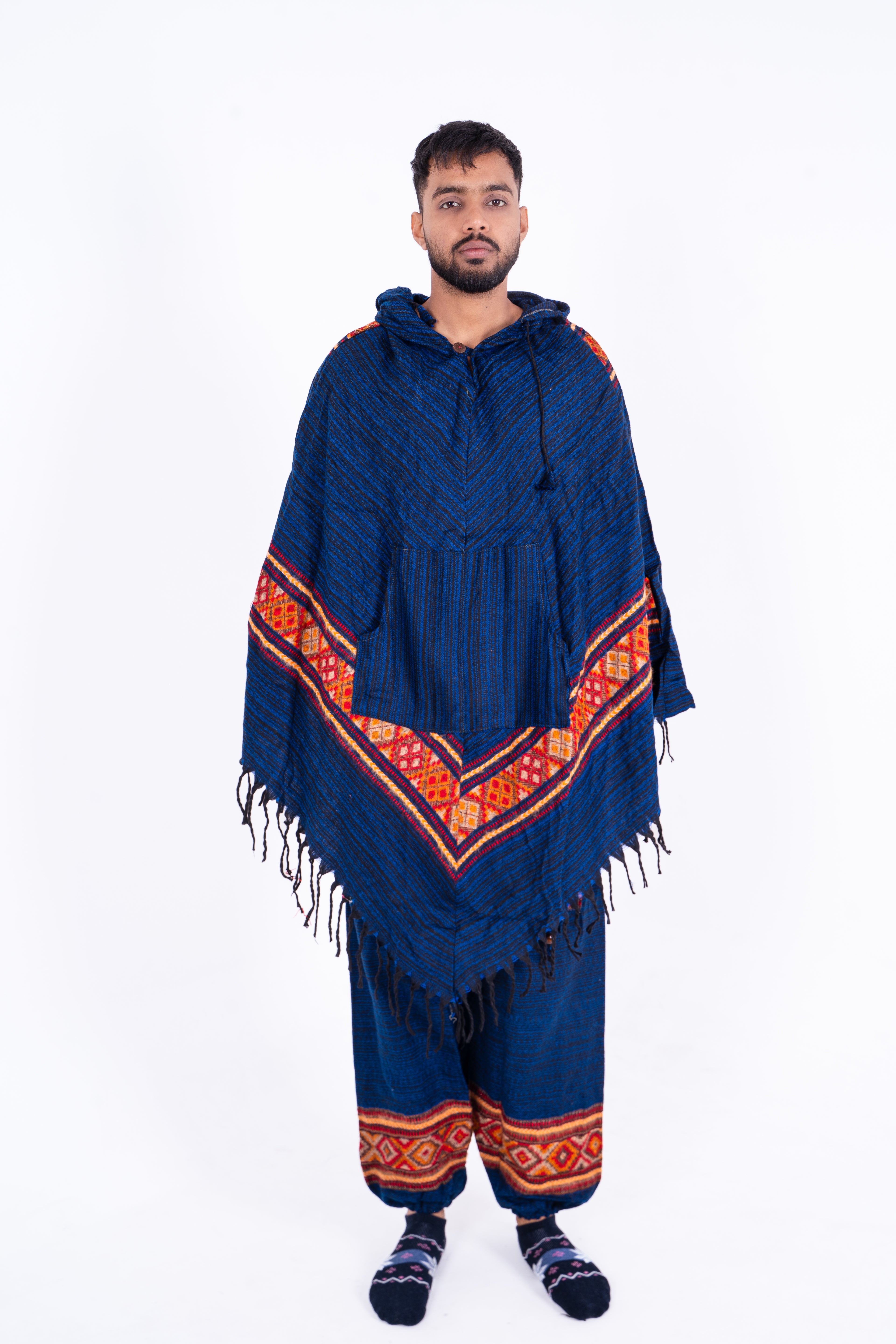 Kullu Blue Poncho Dress with Traditional Patterns