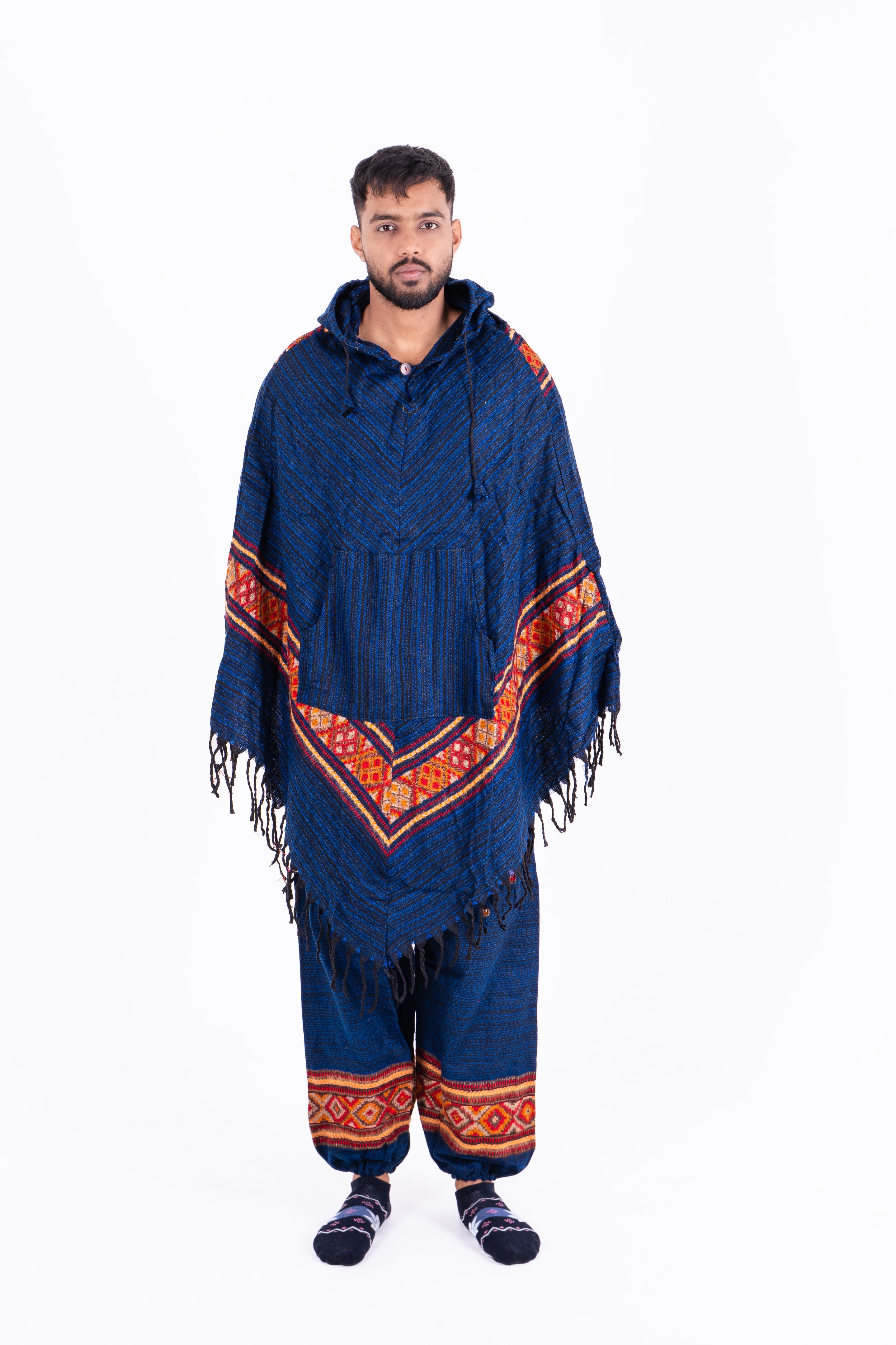 Kullu Blue Poncho Dress with Traditional Patterns