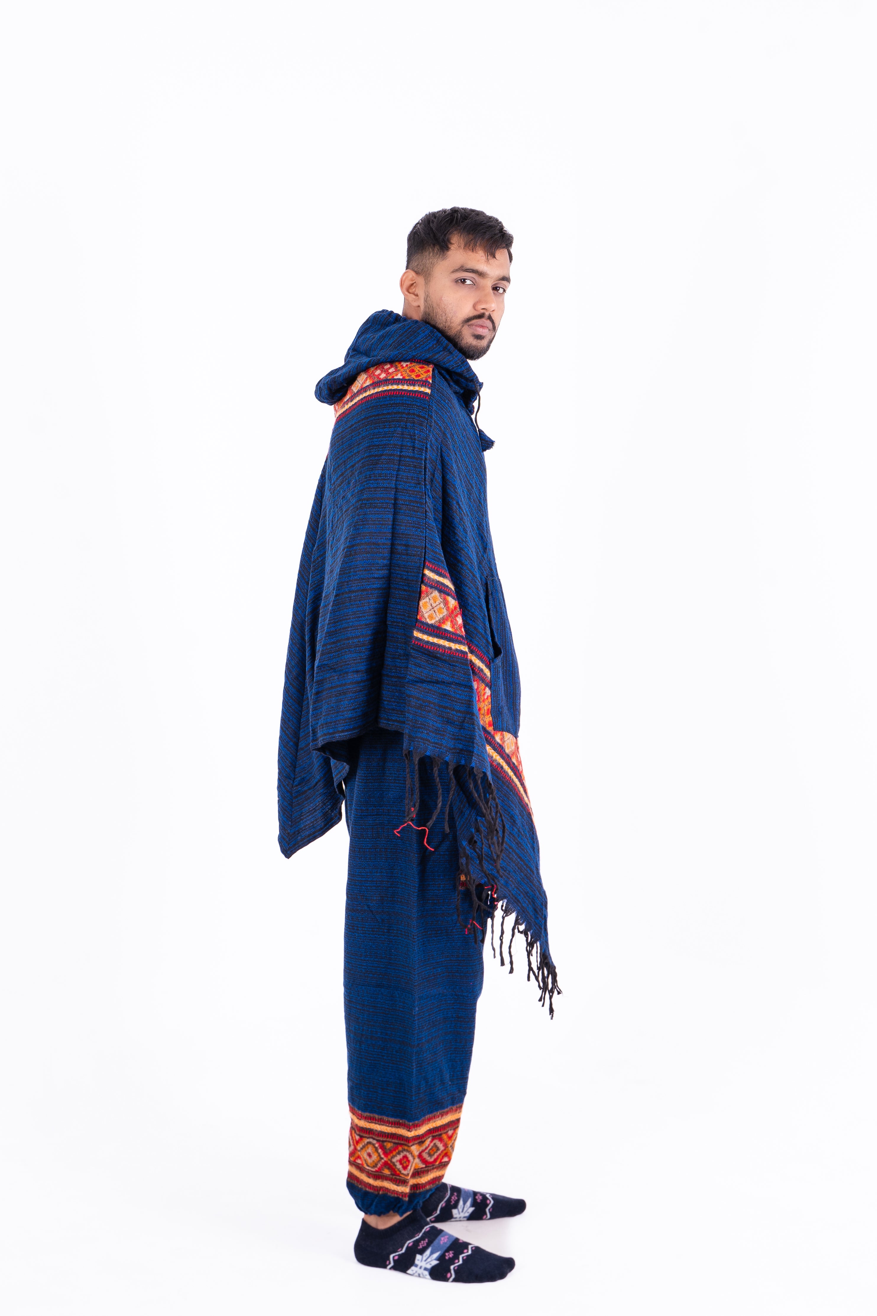 Navy Blue Kullu Poncho Dress with Ethnic Detailing