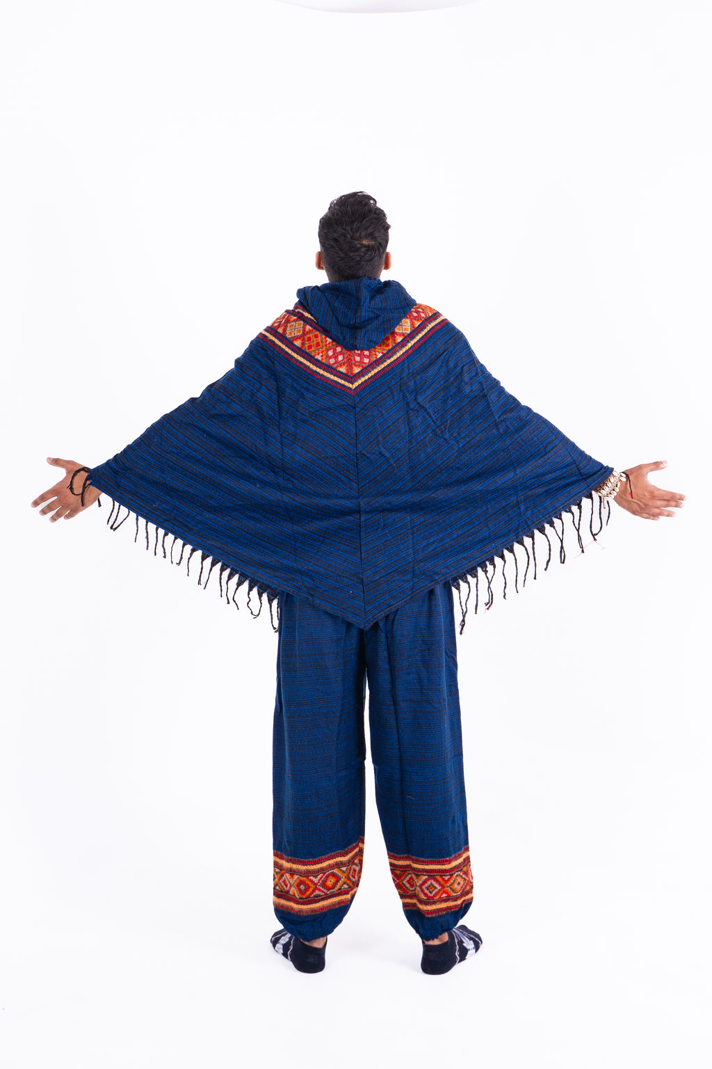 Blue & Off-White Kullu Woolen Poncho Dress