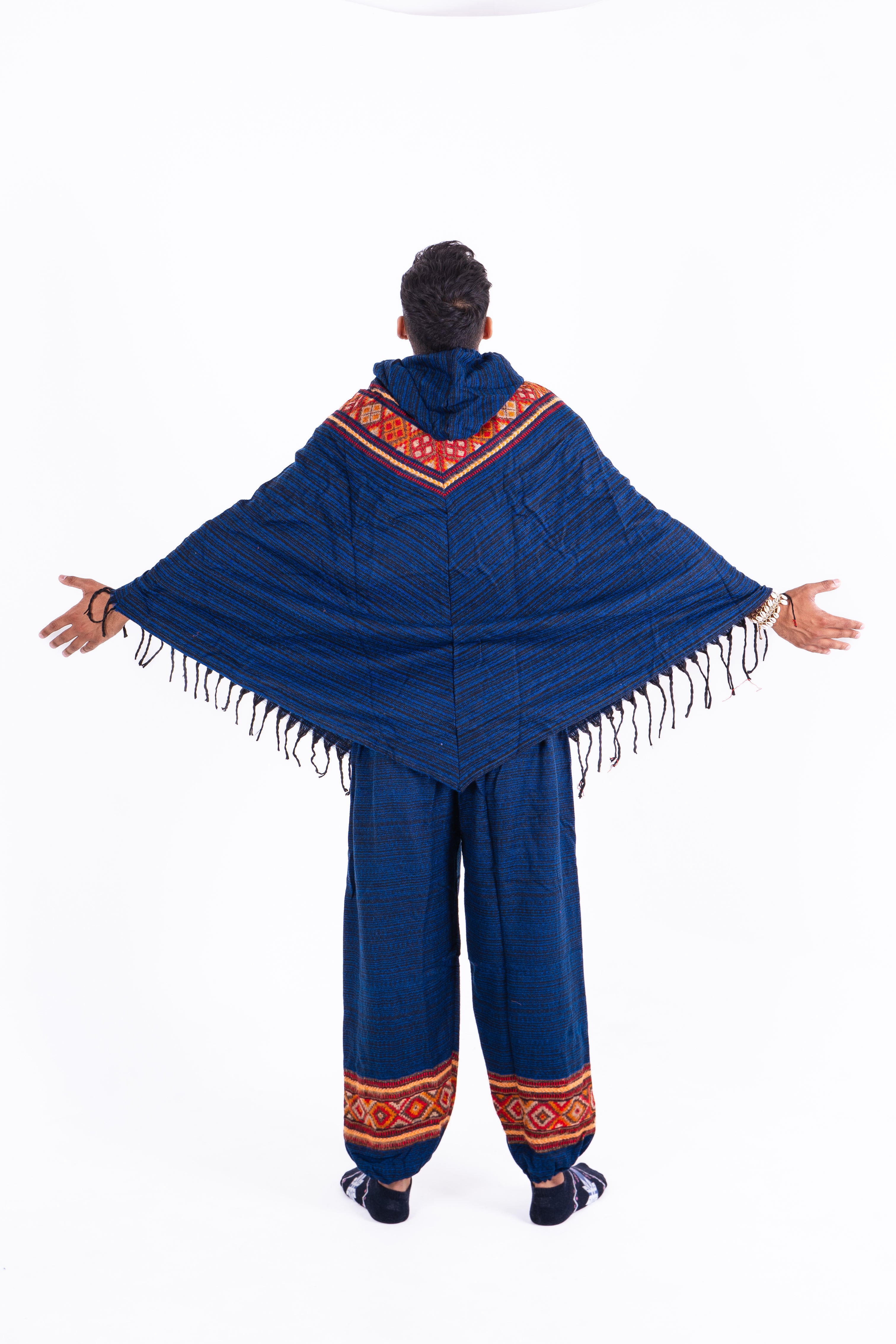 Blue & Off-White Kullu Woolen Poncho Dress