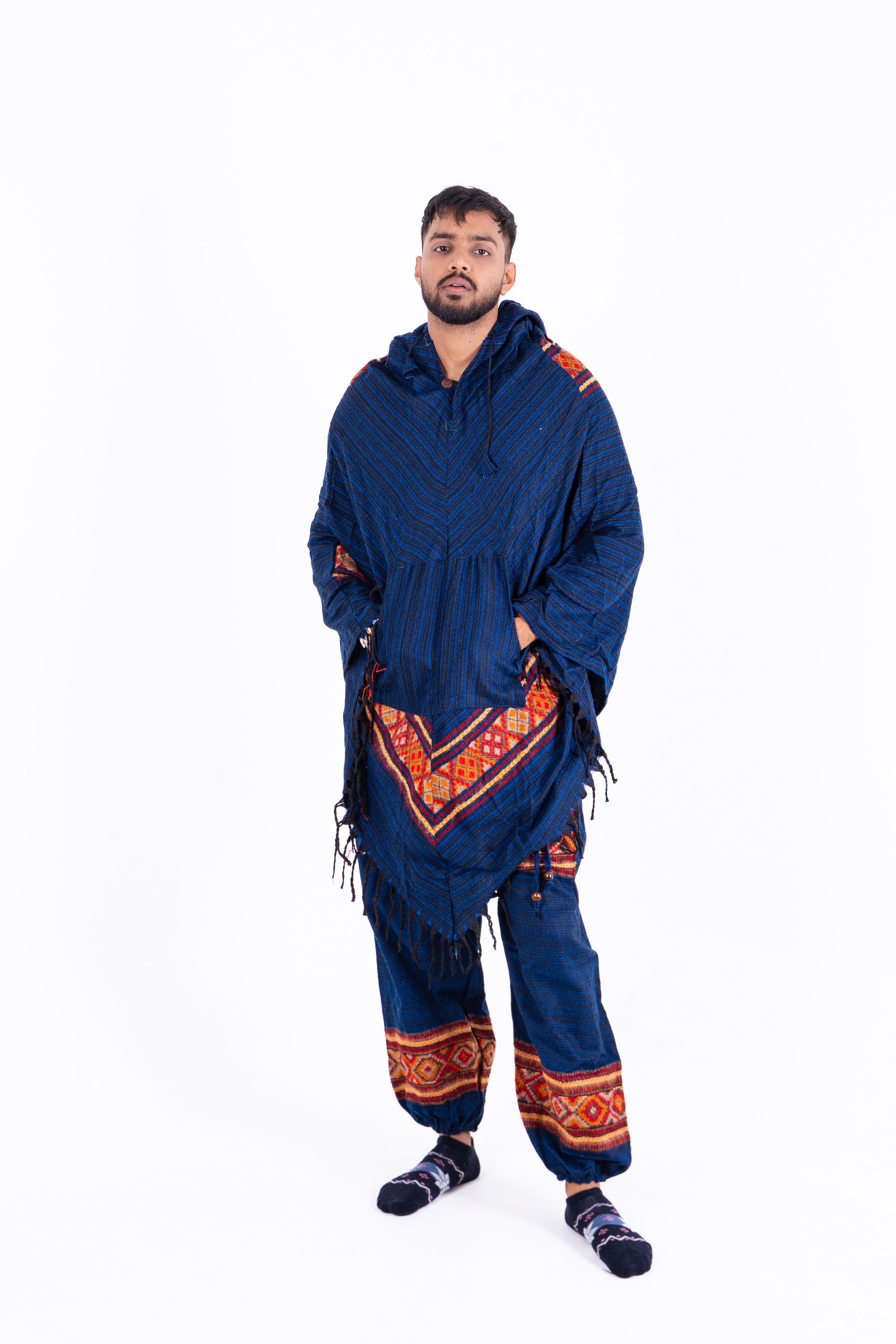 Blue & Off-White Kullu Woolen Poncho Dress