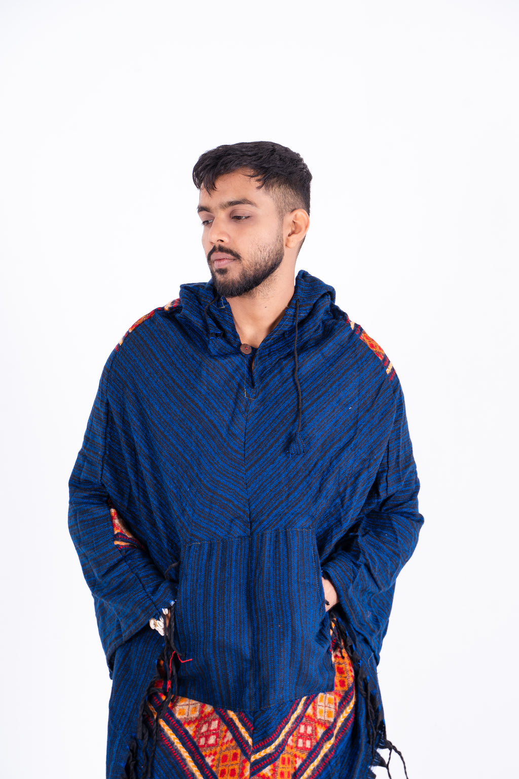 Navy Blue Kullu Poncho Dress with Ethnic Detailing