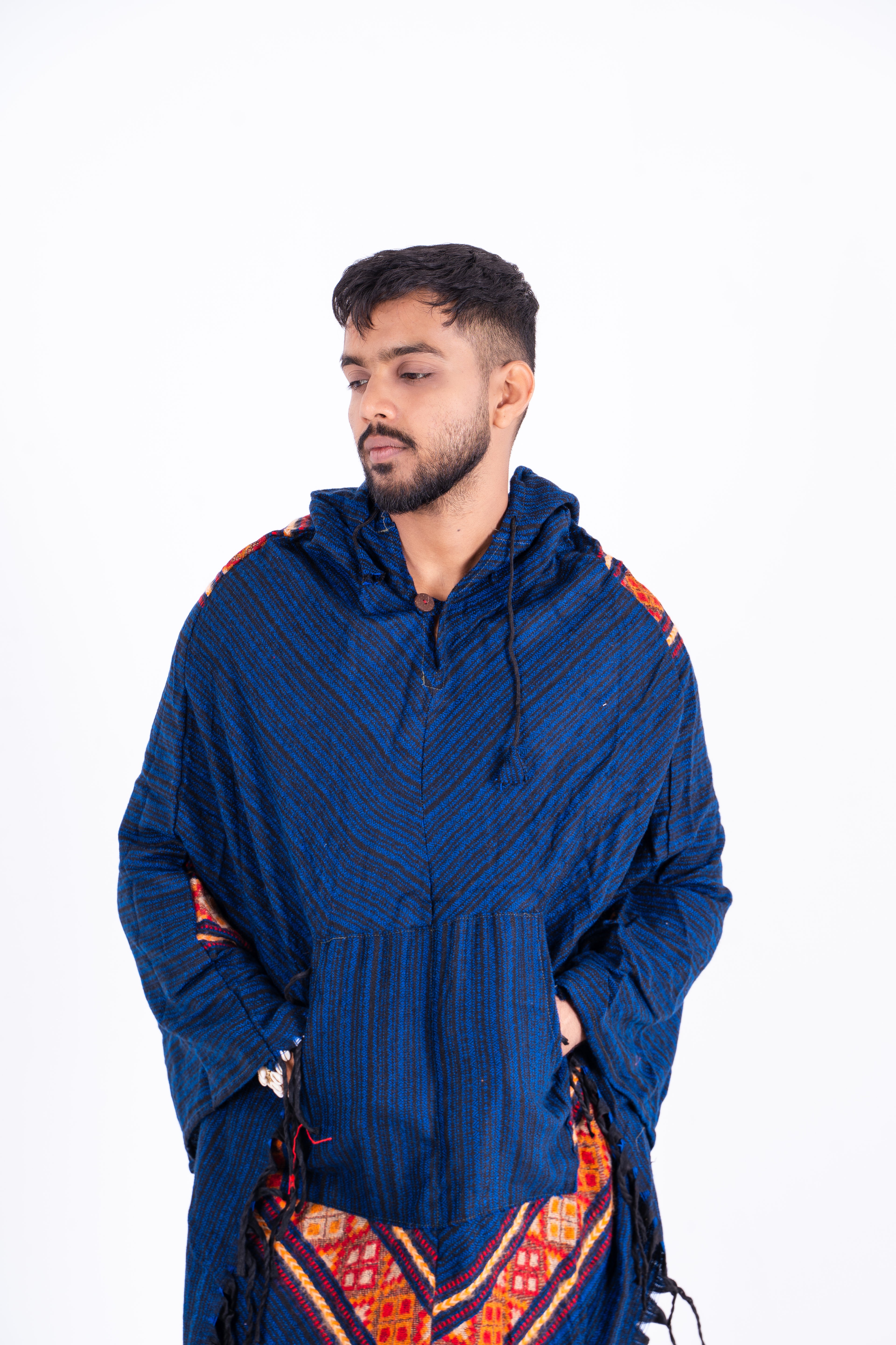 Navy Blue Kullu Poncho Dress with Ethnic Detailing