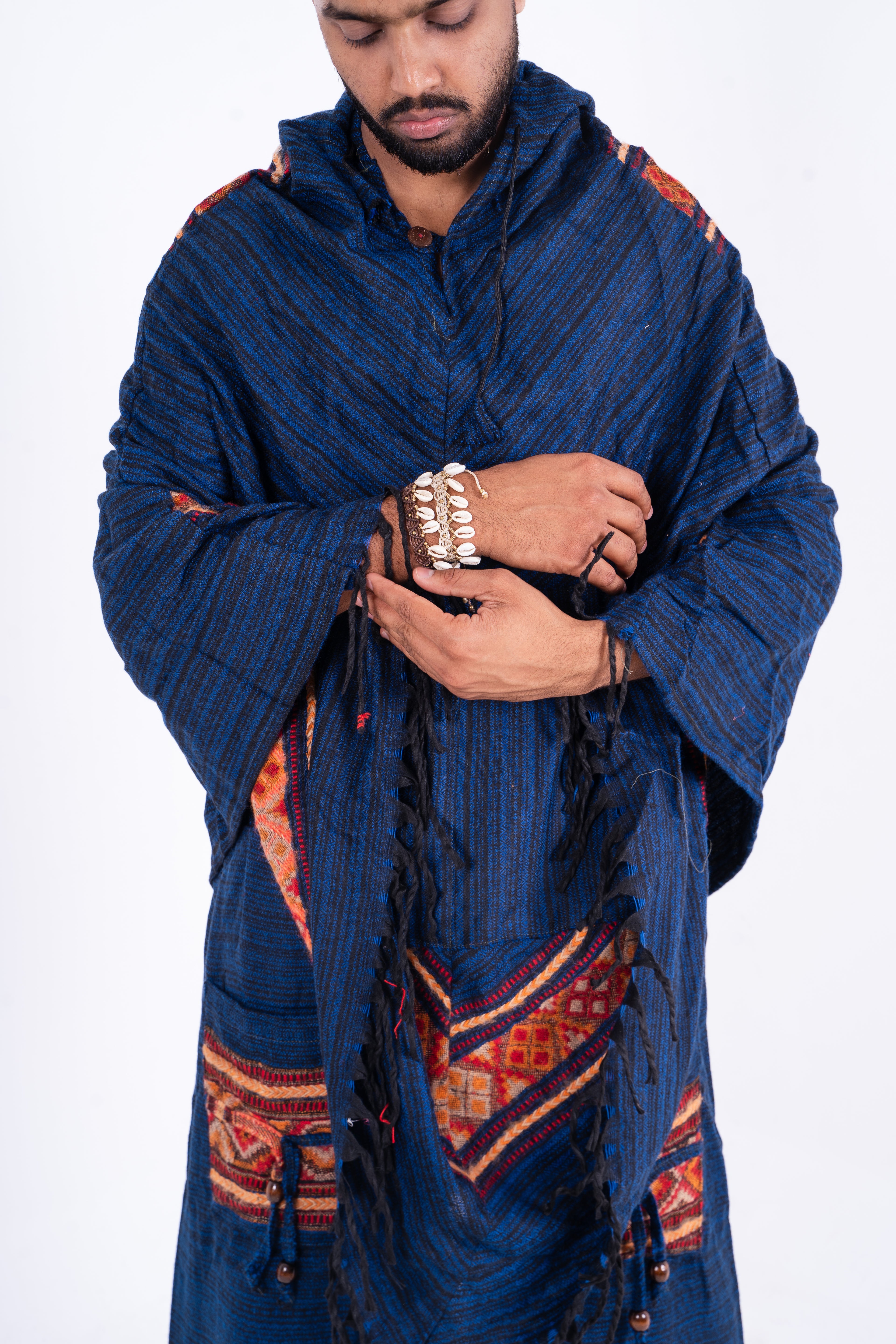 Kullu Blue Poncho Dress with Traditional Patterns
