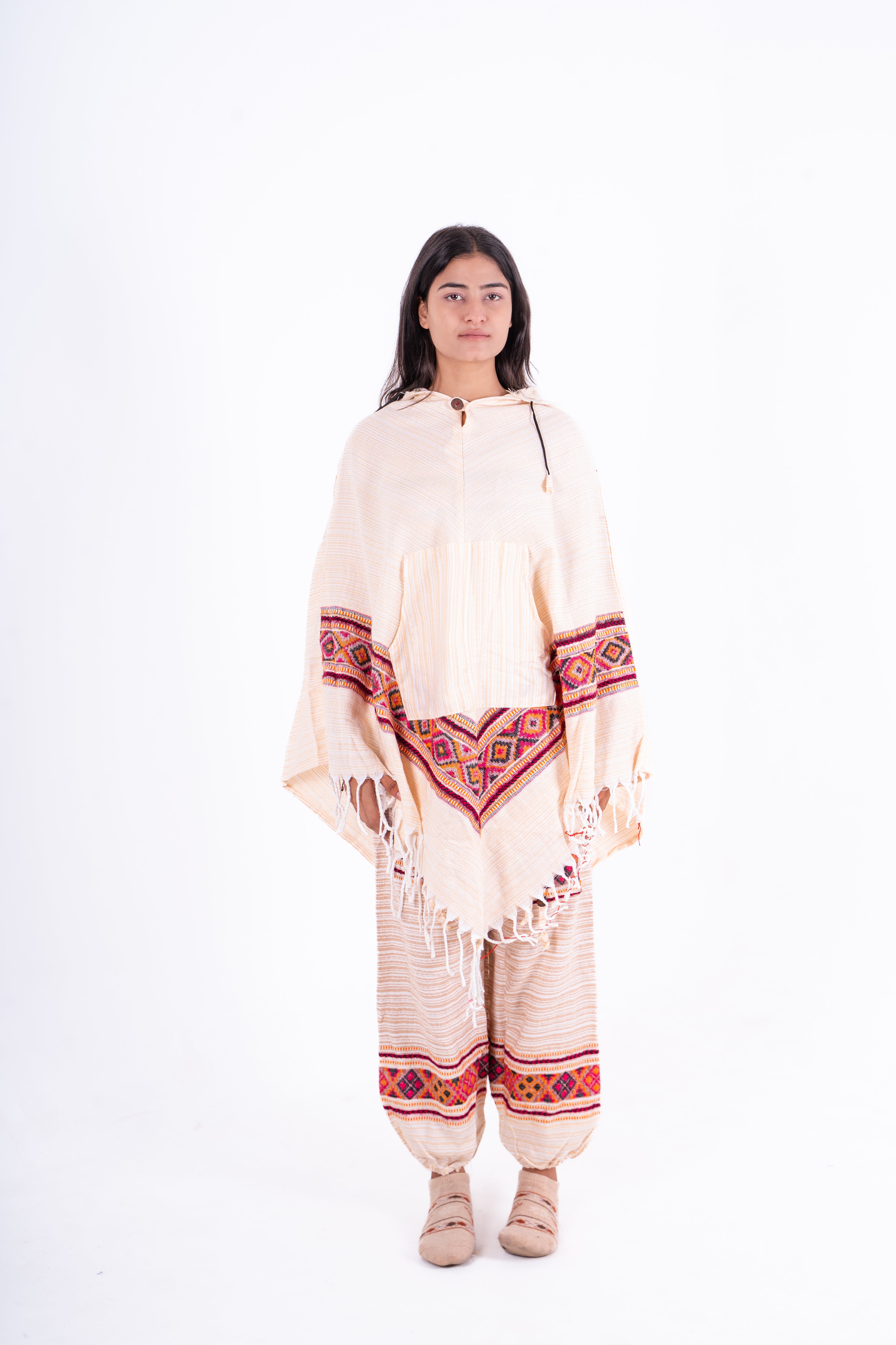 Off-White Kullu Poncho Dress with Ethnic Borders