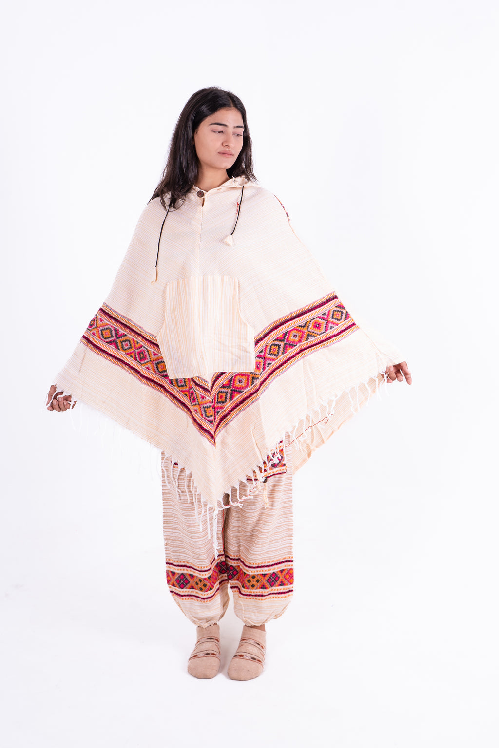 Blue & Off-White Kullu Woolen Poncho Dress