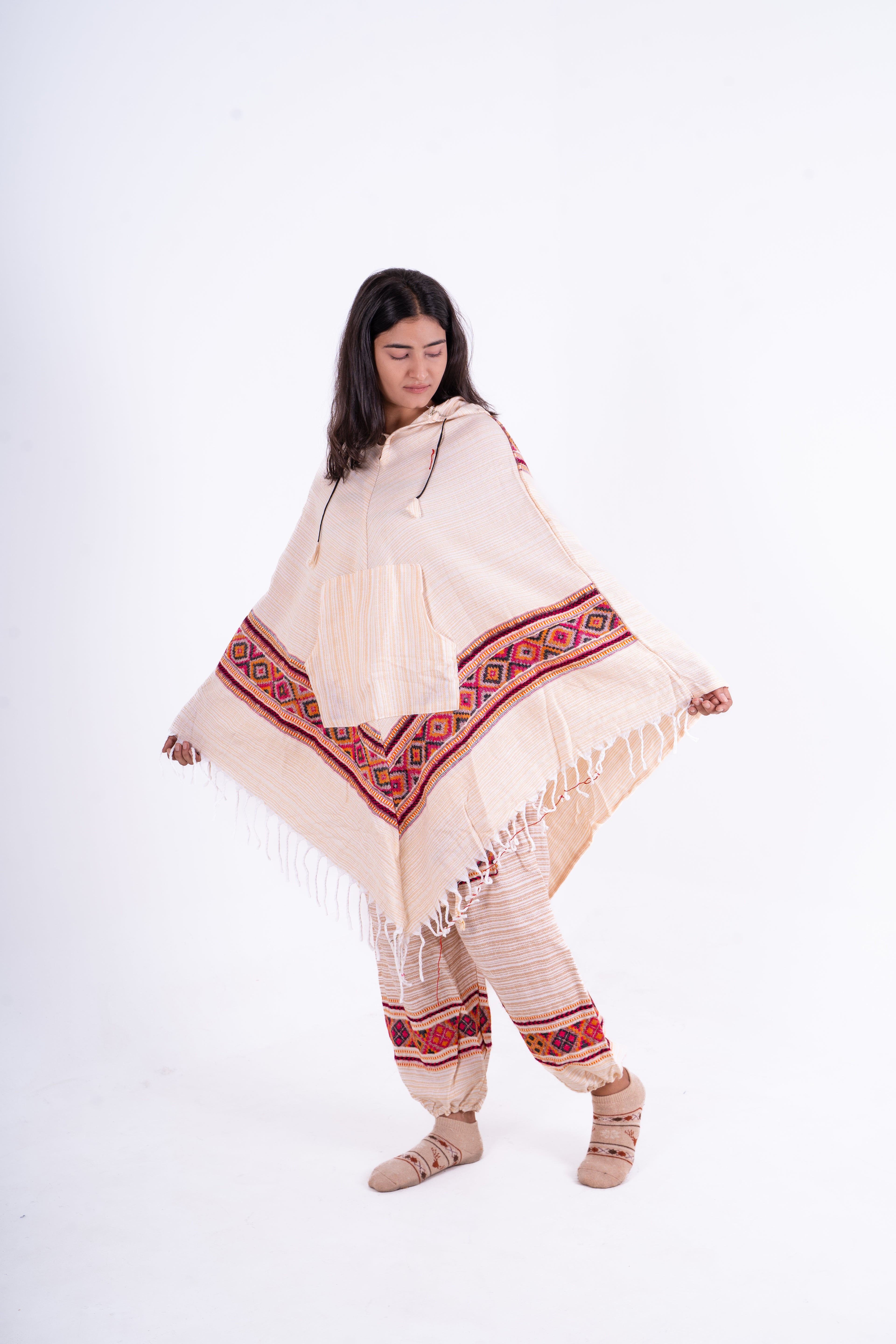 Off-White Kullu Poncho Dress with Ethnic Borders