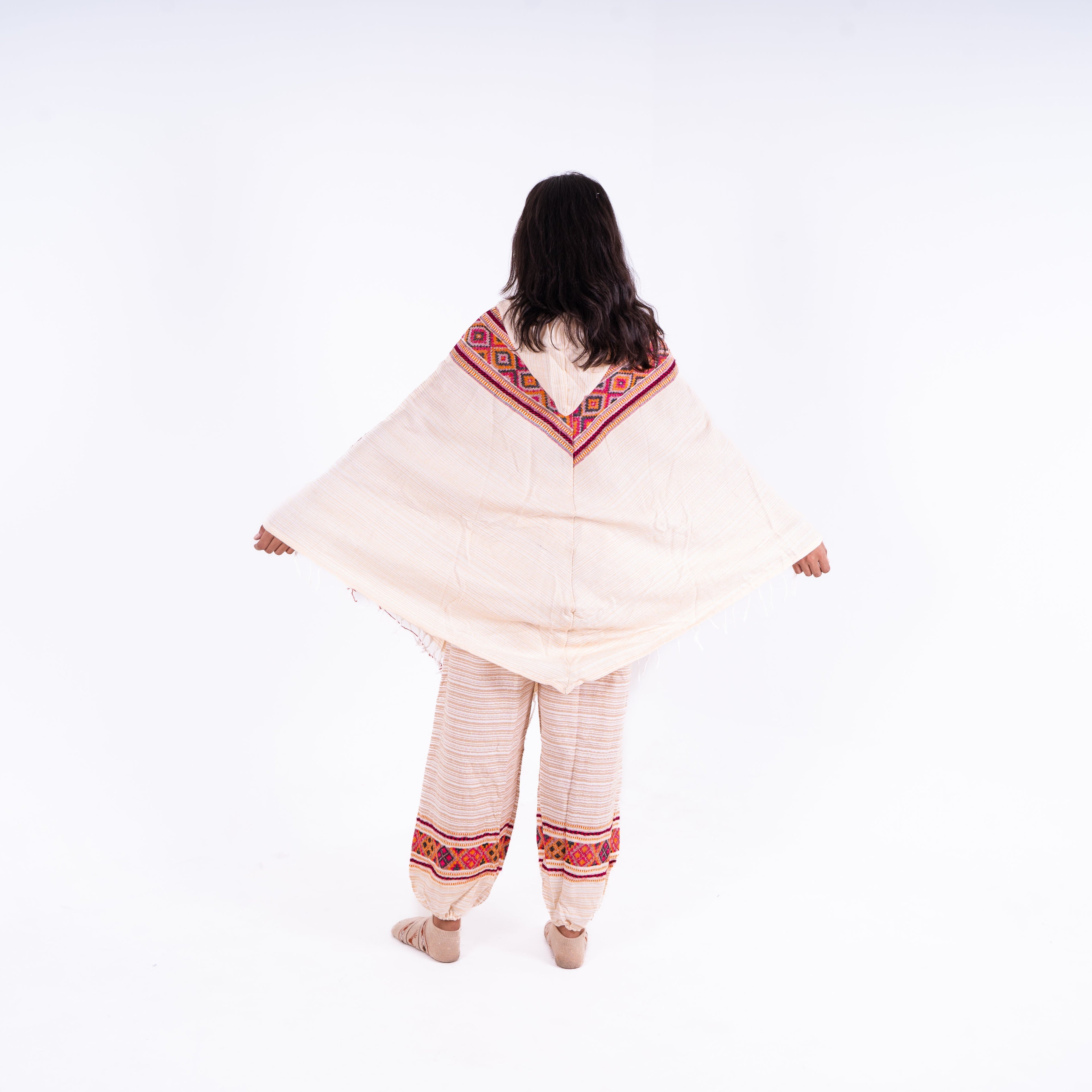 Off-White Kullu Poncho Dress with Ethnic Borders