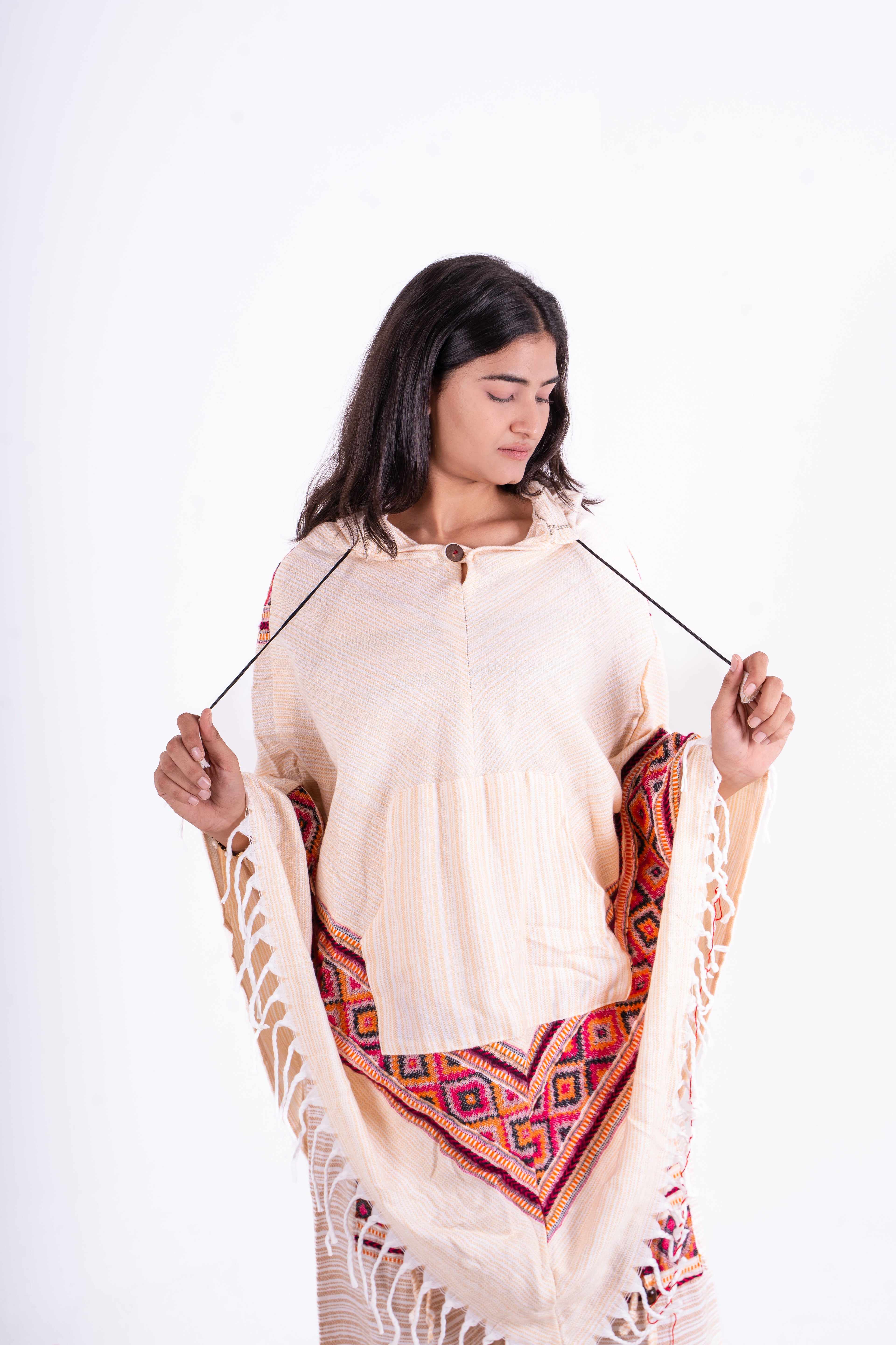 Blue & Off-White Kullu Woolen Poncho Dress