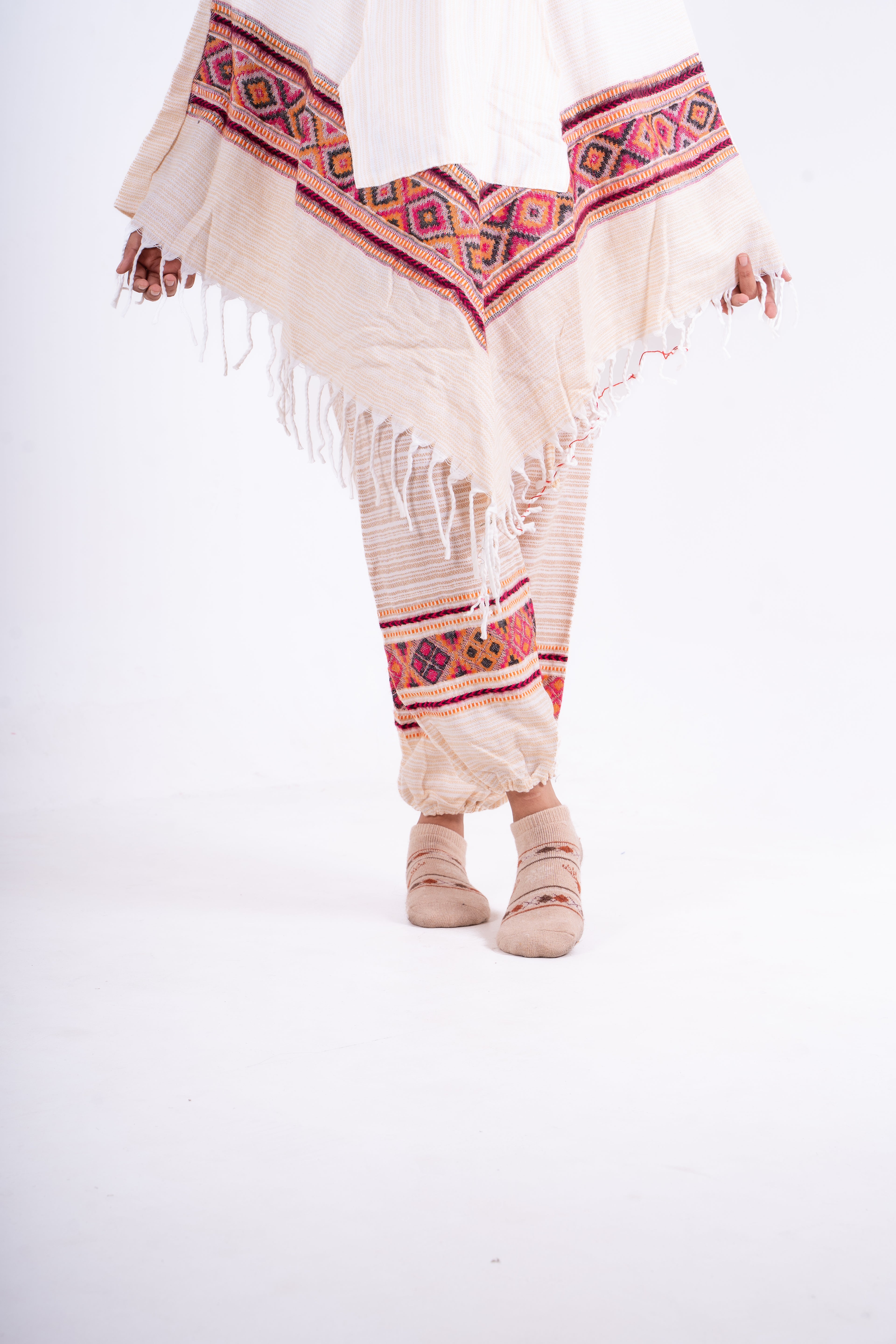 Off-White Kullu Poncho Dress with Ethnic Borders