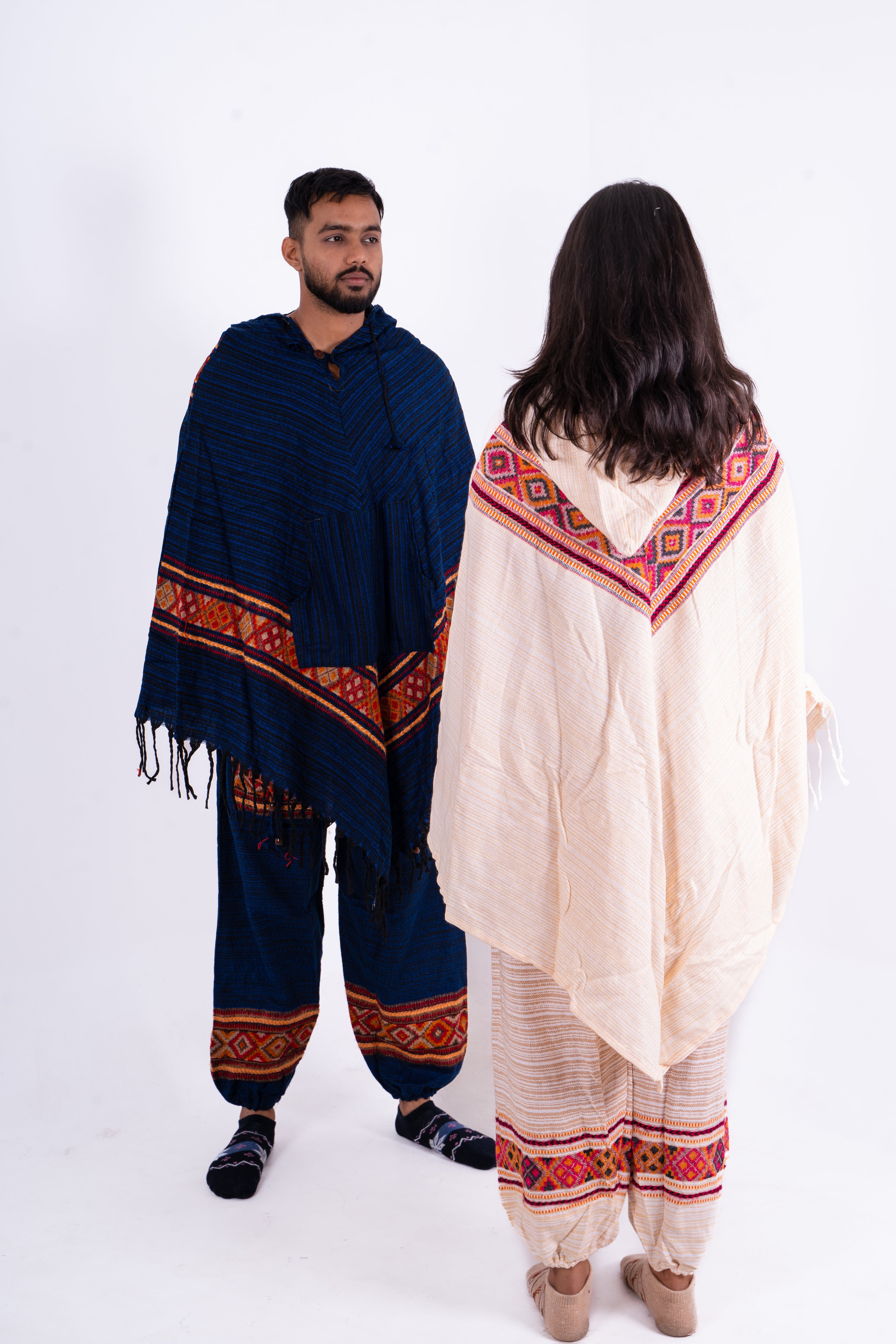Blue & Off-White Kullu Woolen Poncho Dress