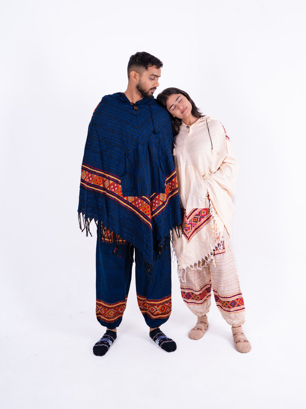 Blue & Off-White Kullu Woolen Poncho Dress