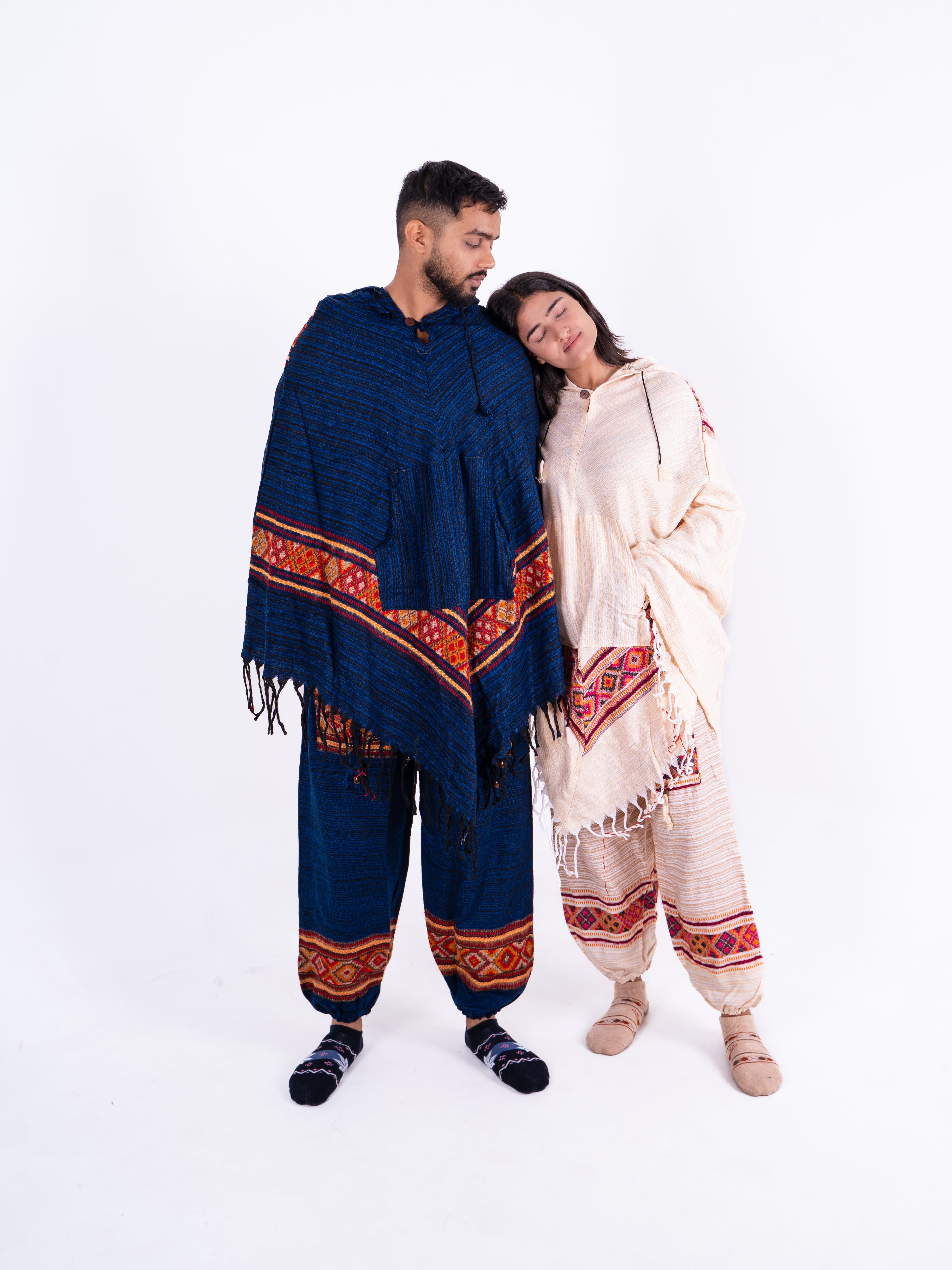 Blue & Off-White Kullu Woolen Poncho Dress