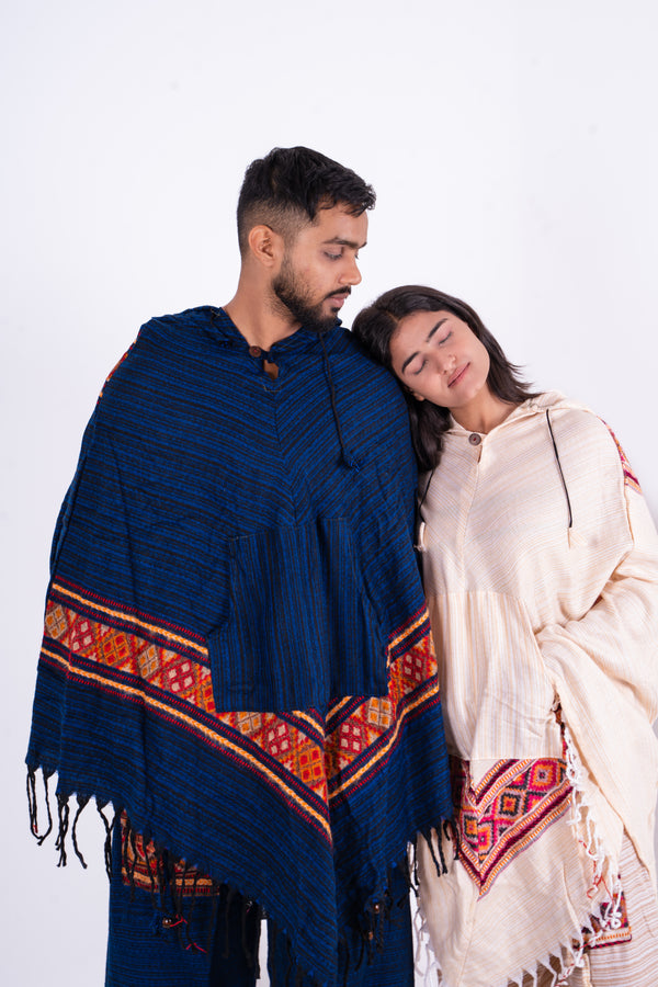 Blue & Off-White Kullu Woolen Poncho Dress