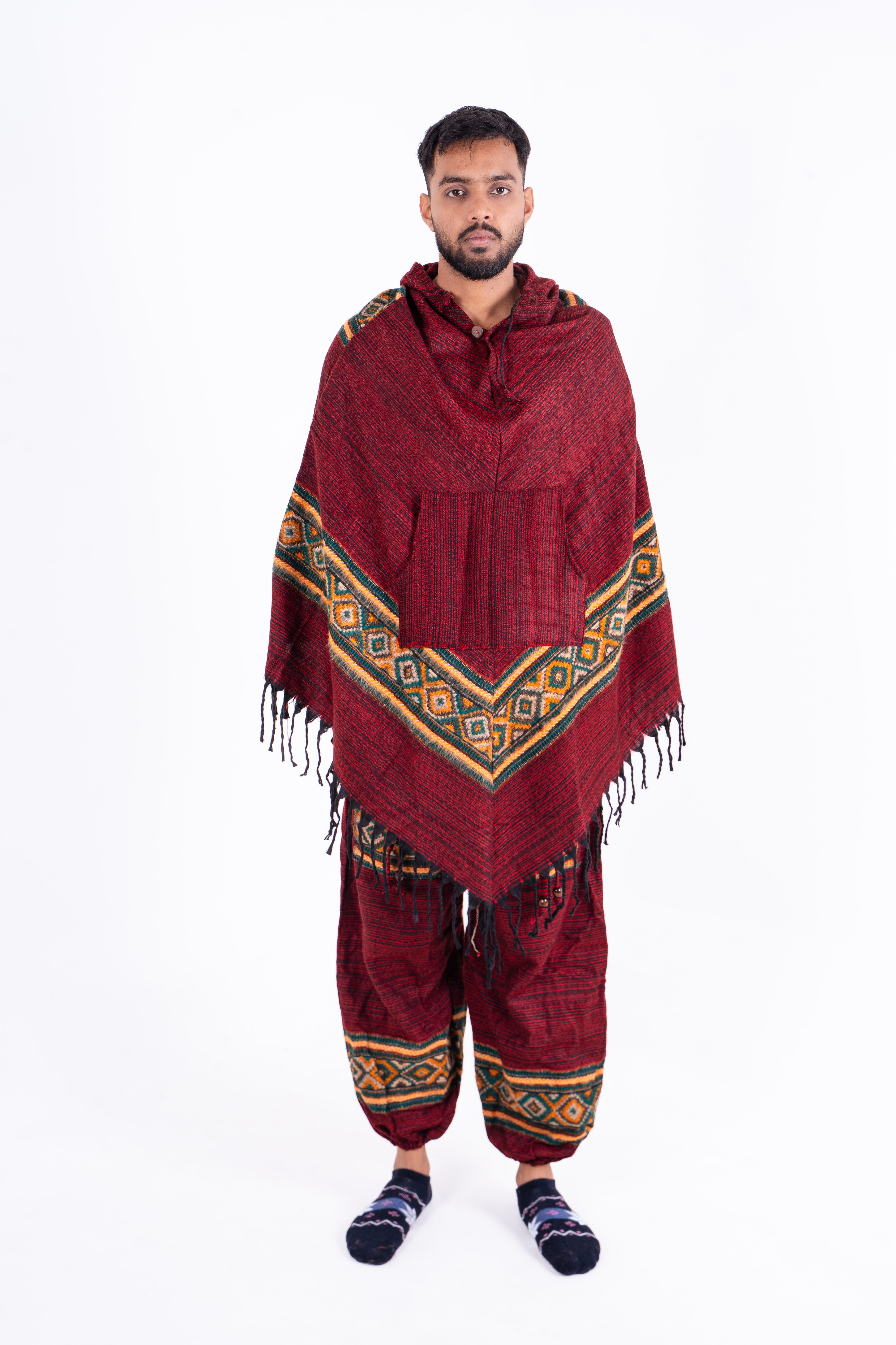 Maroon Kullu Poncho Dress with Traditional Borders