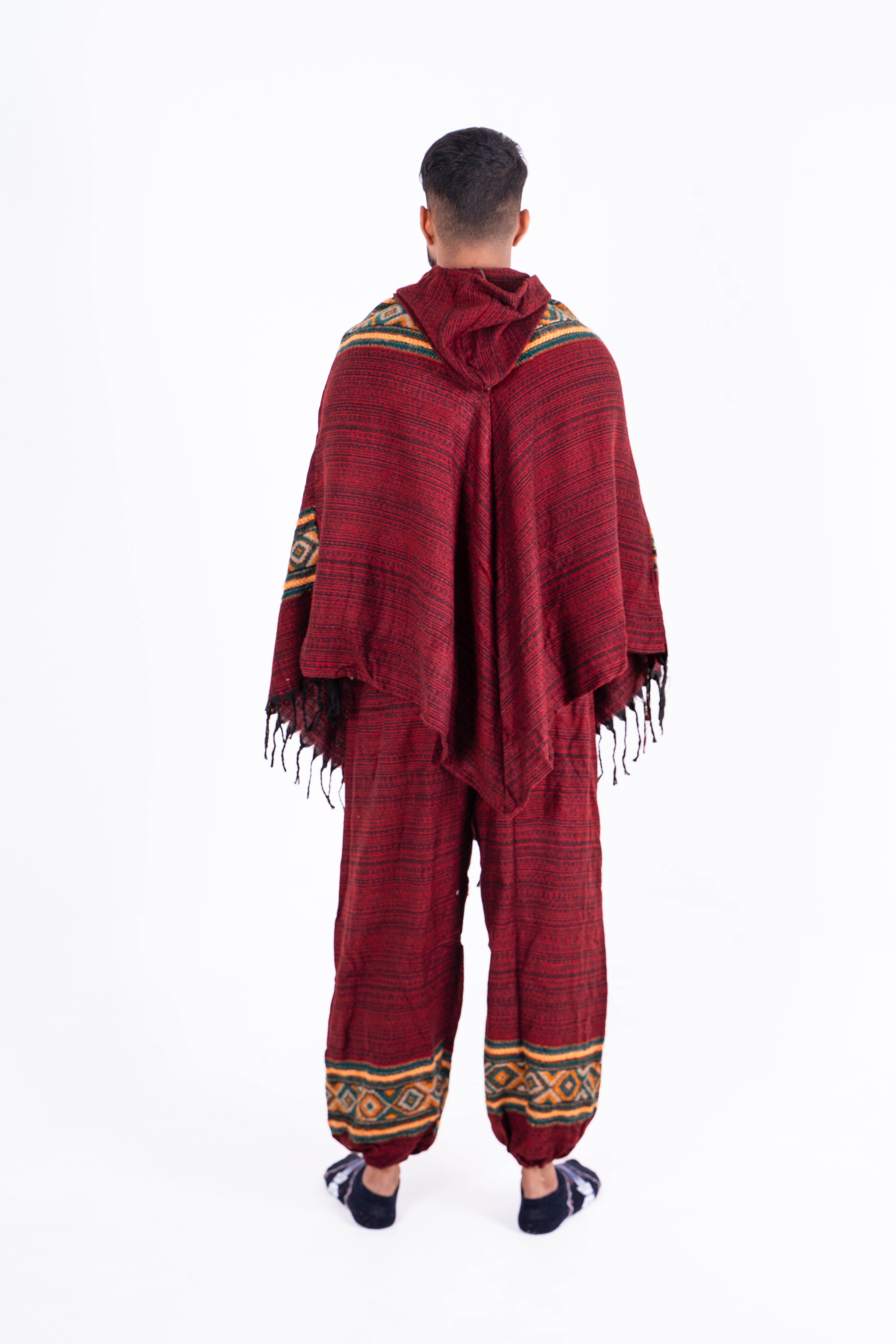 Maroon Kullu Poncho Dress with Traditional Borders
