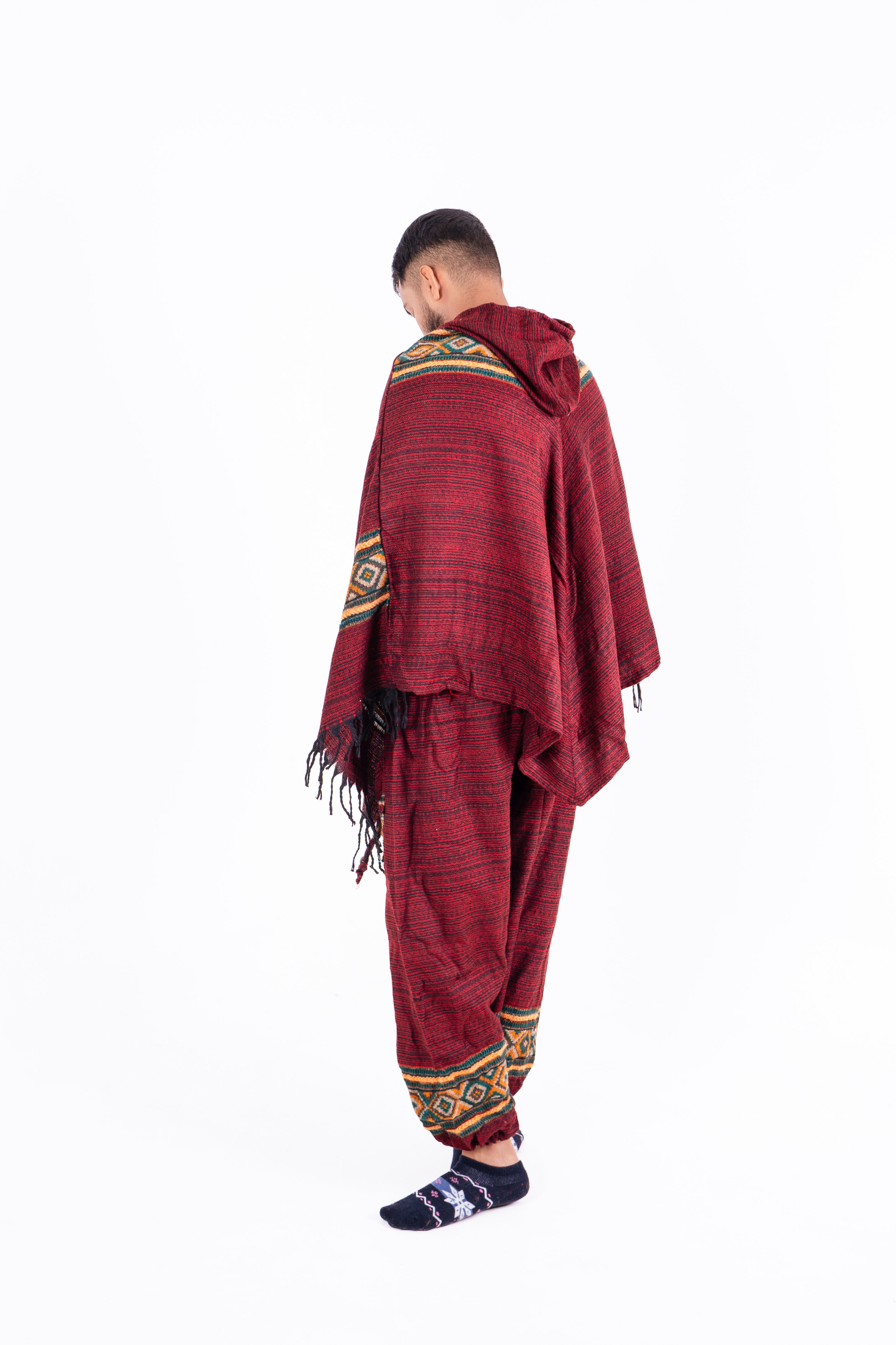 Maroon Kullu Poncho Dress with Traditional Borders