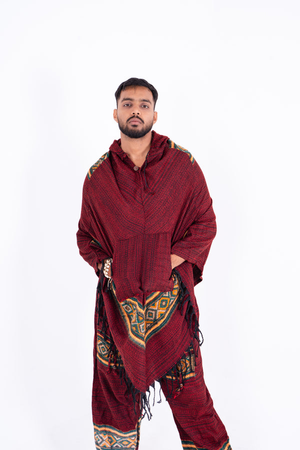 Handwoven Maroon Kullu Poncho Dress with Traditional Borders