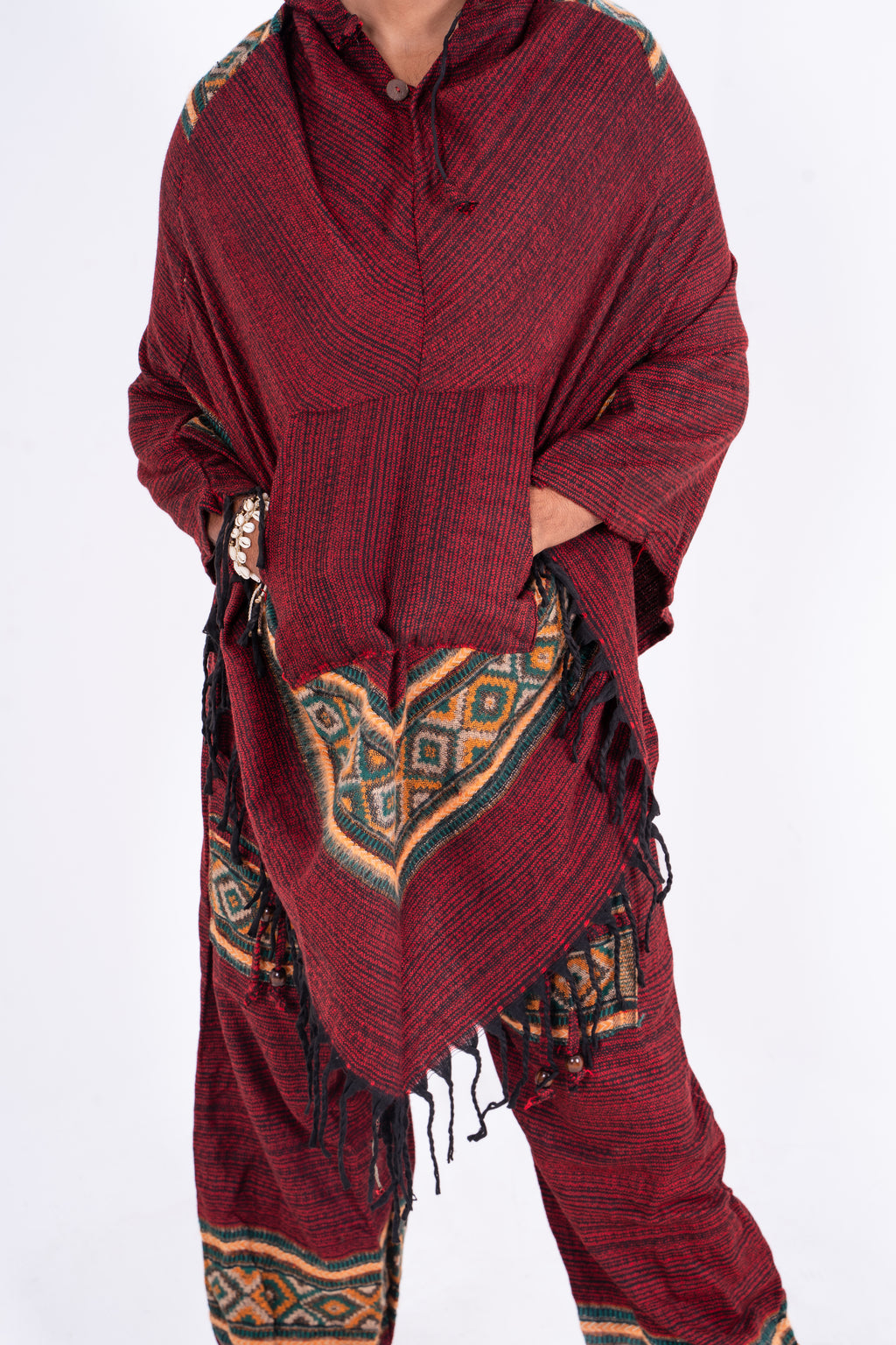 Maroon Kullu Poncho Dress with Traditional Borders