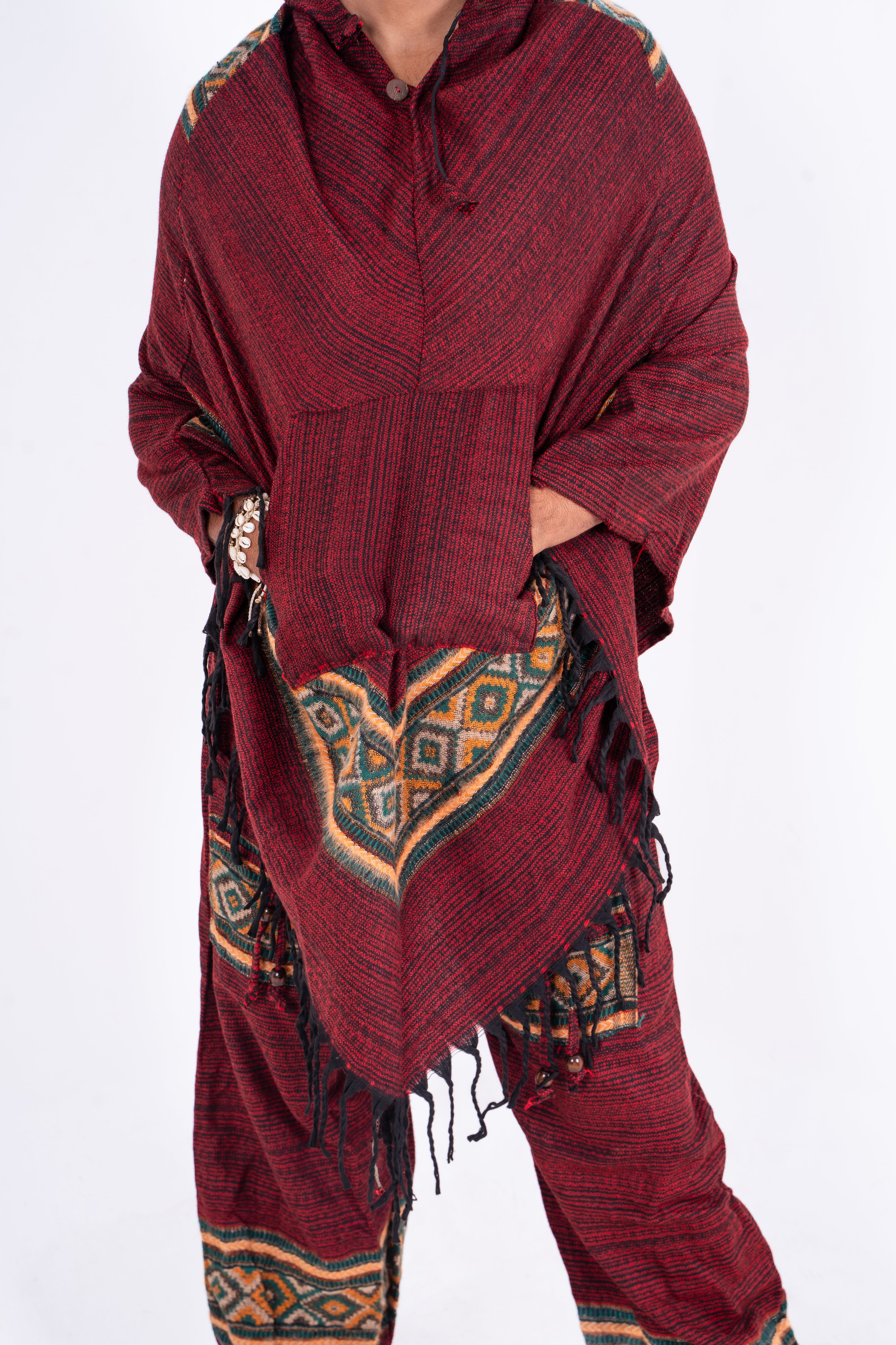 Maroon Kullu Poncho Dress with Traditional Borders