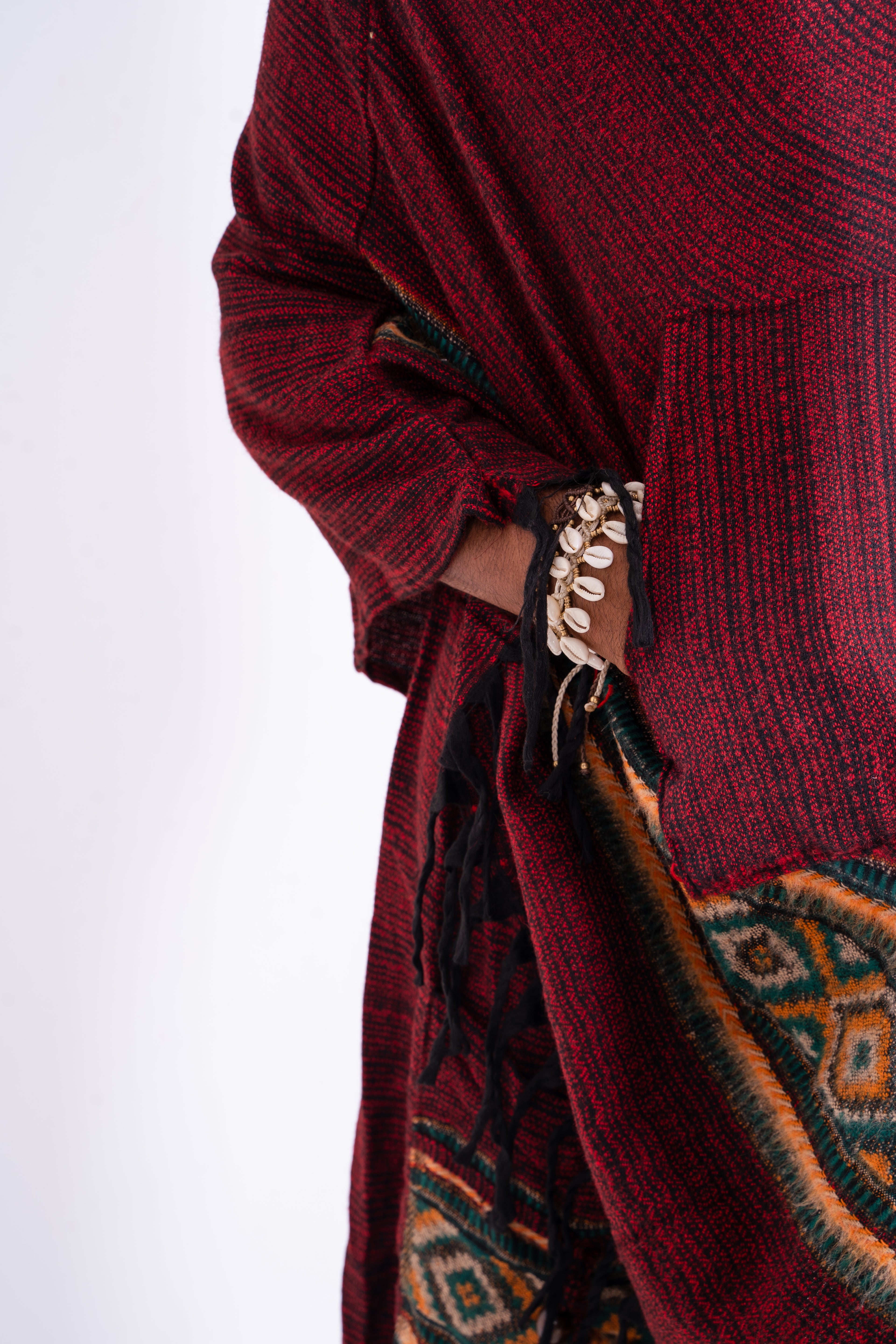 Handwoven Maroon Kullu Poncho Dress with Traditional Borders
