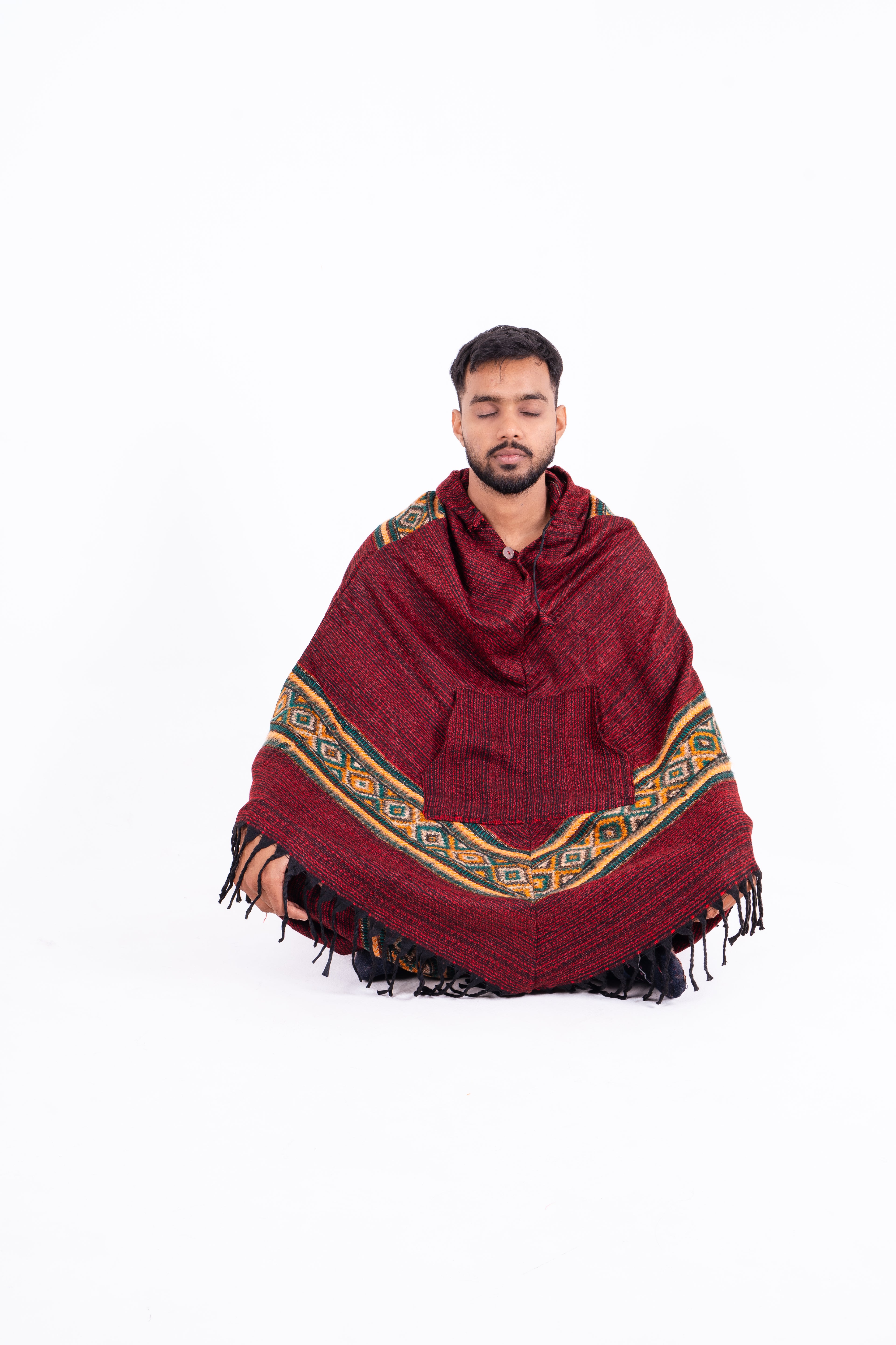 Handwoven Maroon Kullu Poncho Dress with Traditional Borders