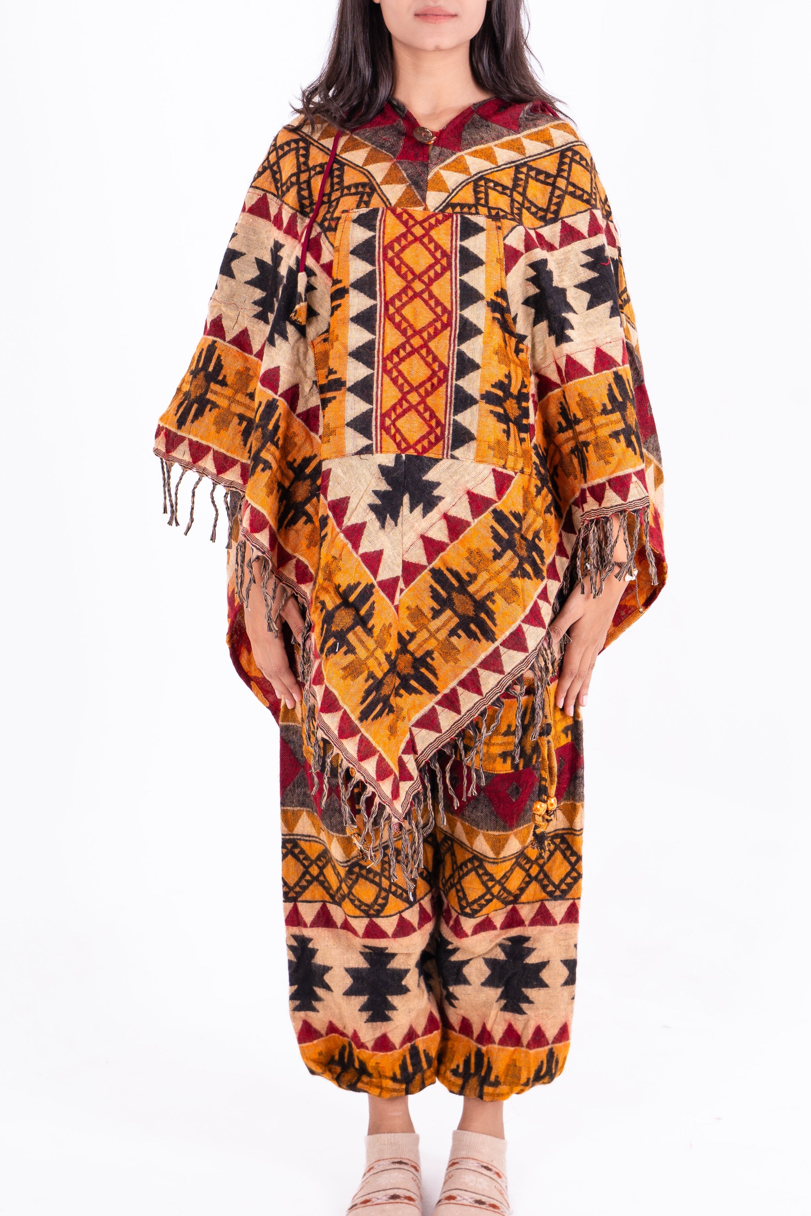 Mustard & Beige Ikat Poncho Dress with Ethnic Motifs