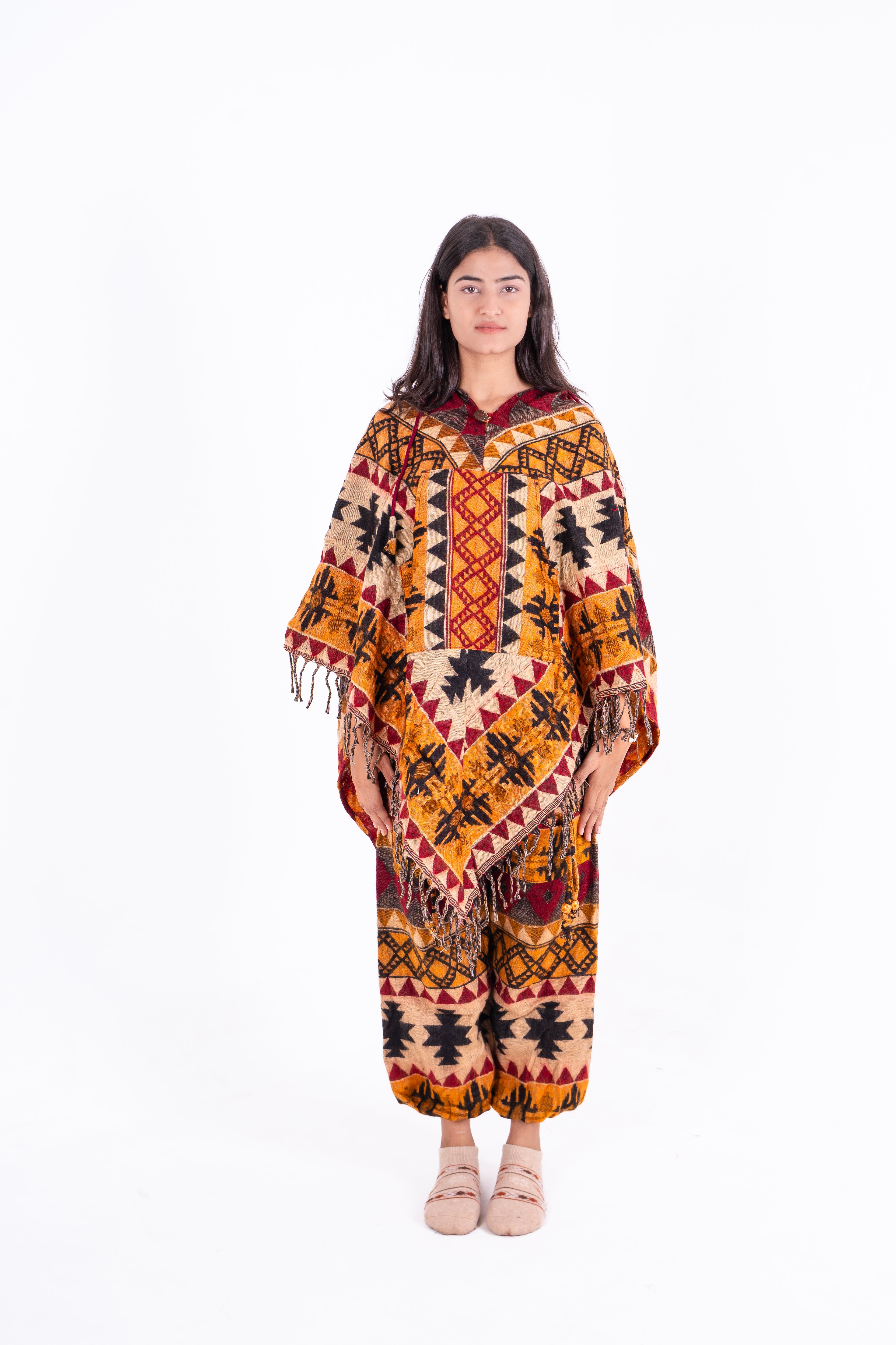 Boho Voyager- Ikat Poncho (yellow, maroon, brown)