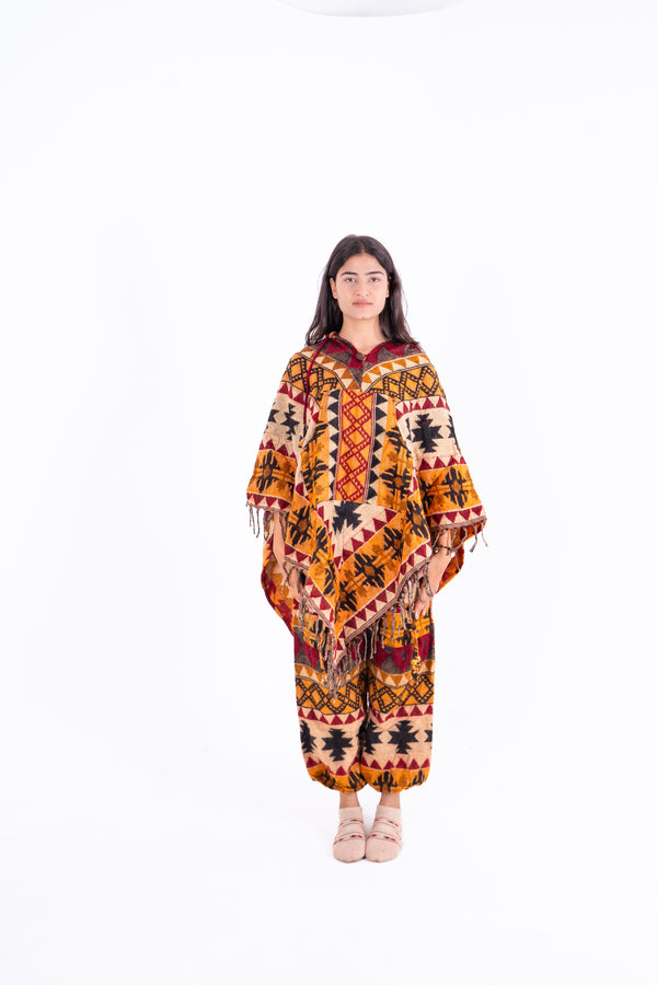 Mustard & Beige Ikat Poncho Dress with Ethnic Motifs