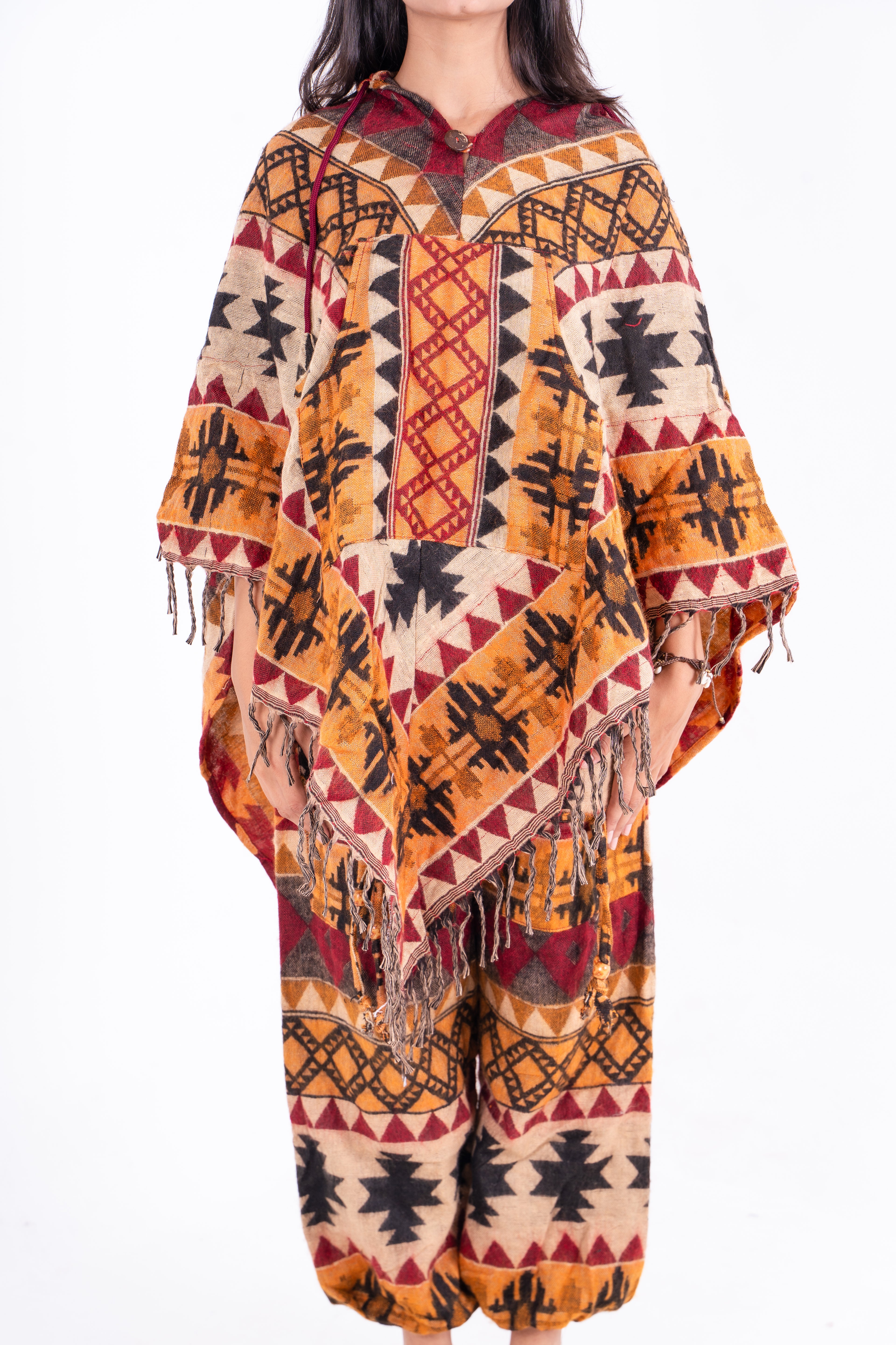 Mustard & Beige Ikat Poncho Dress with Ethnic Motifs