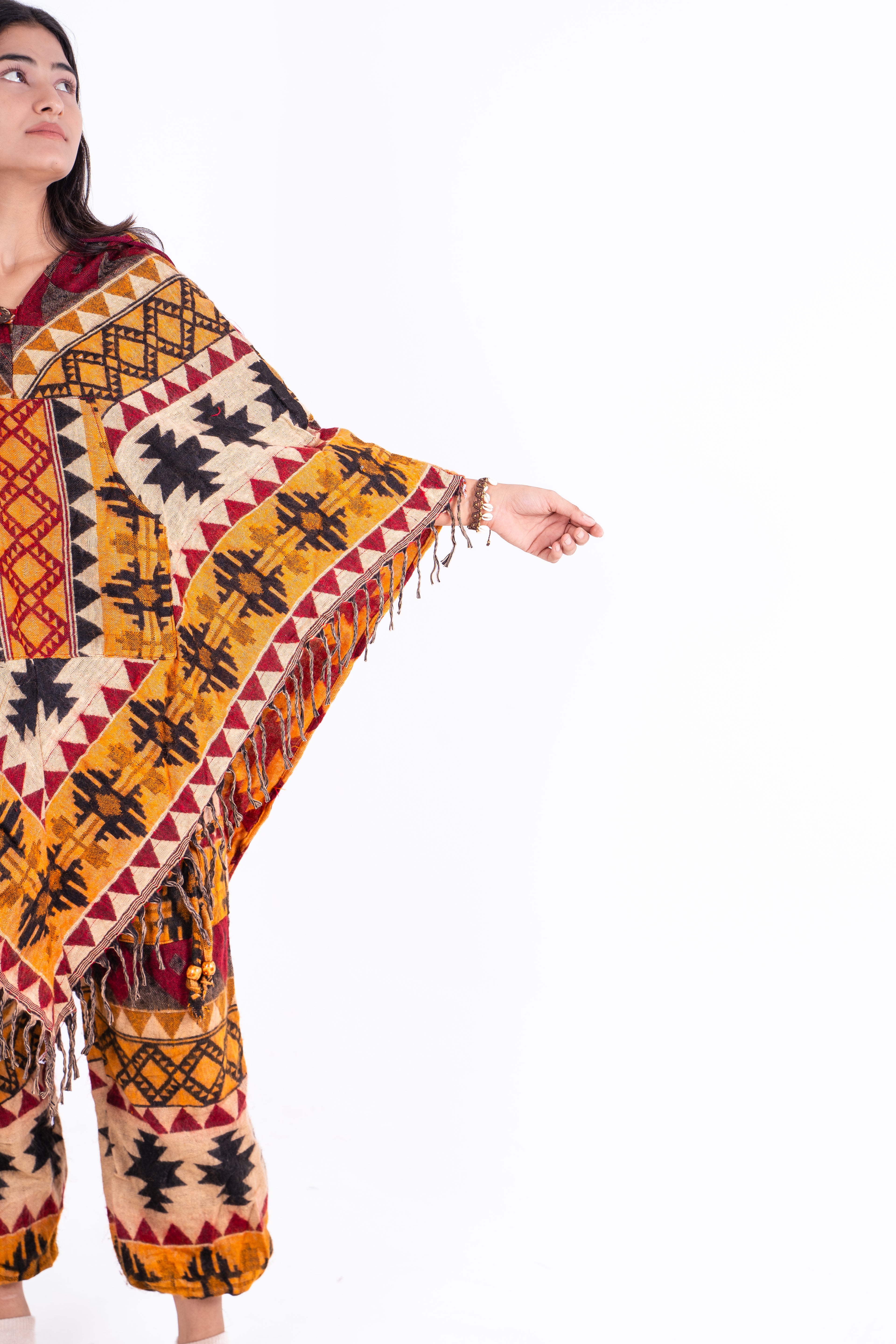 Boho Voyager- Ikat Poncho (yellow, maroon, brown)