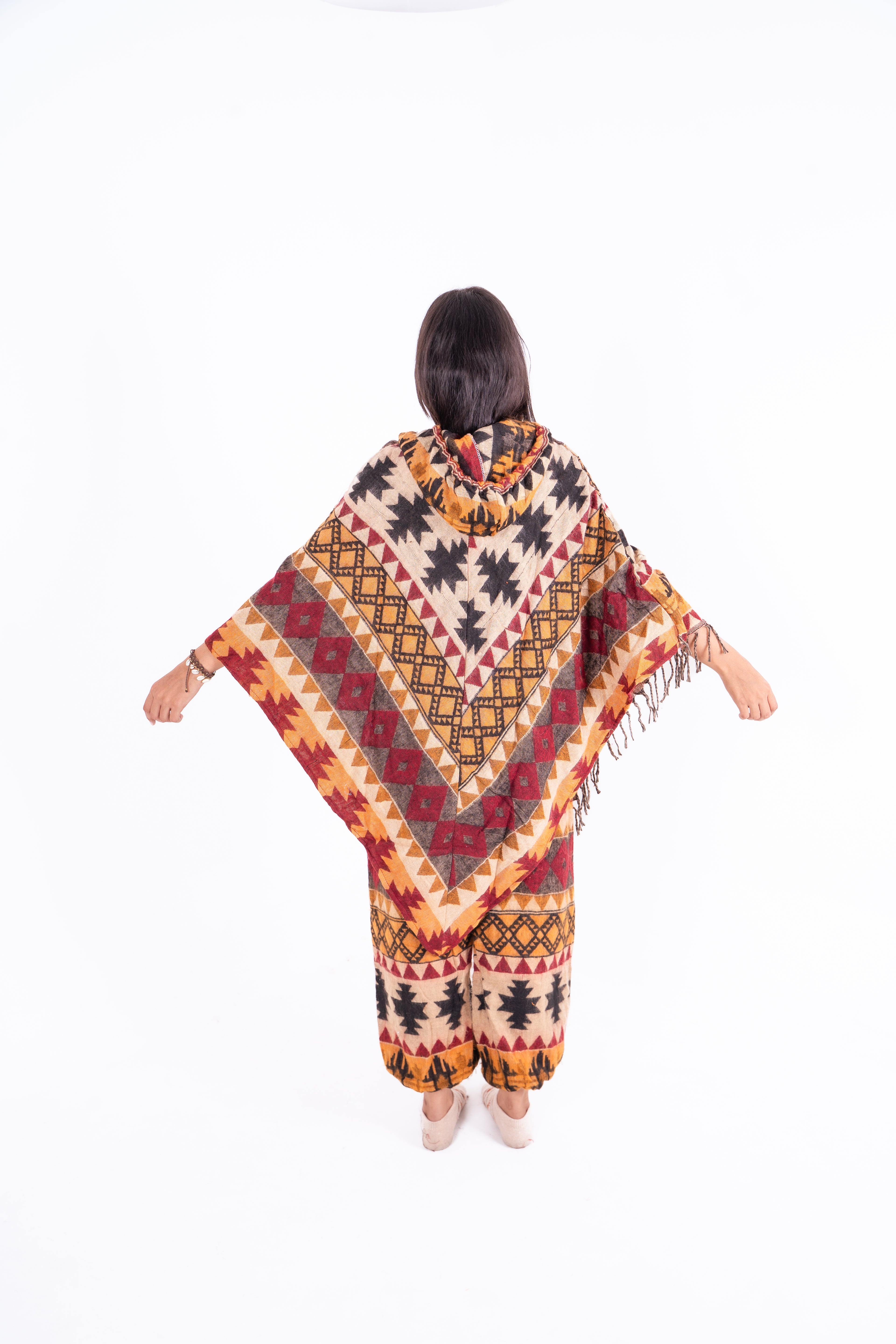 Mustard & Beige Ikat Poncho Dress with Ethnic Motifs