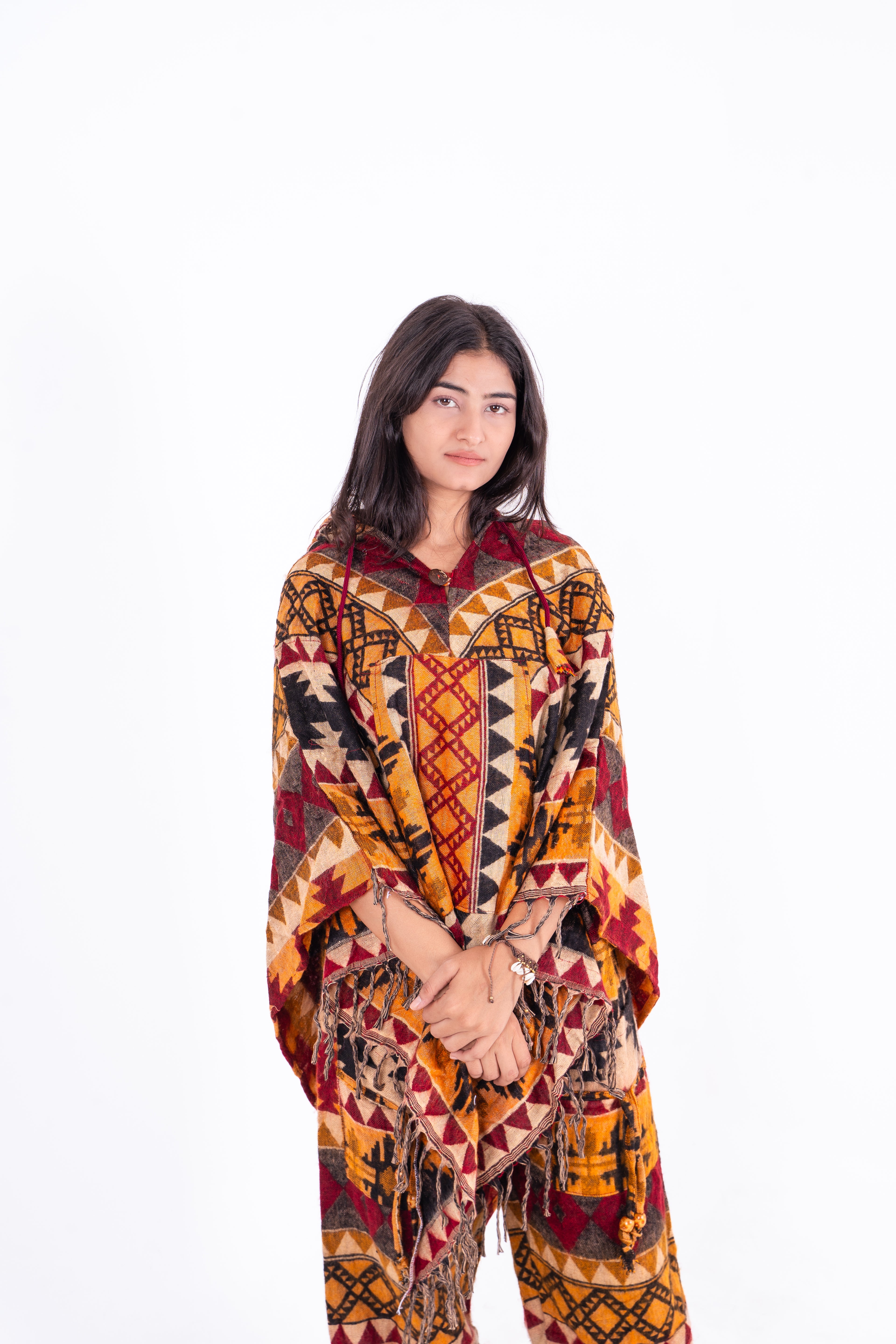 Boho Voyager- Ikat Poncho (yellow, maroon, brown)