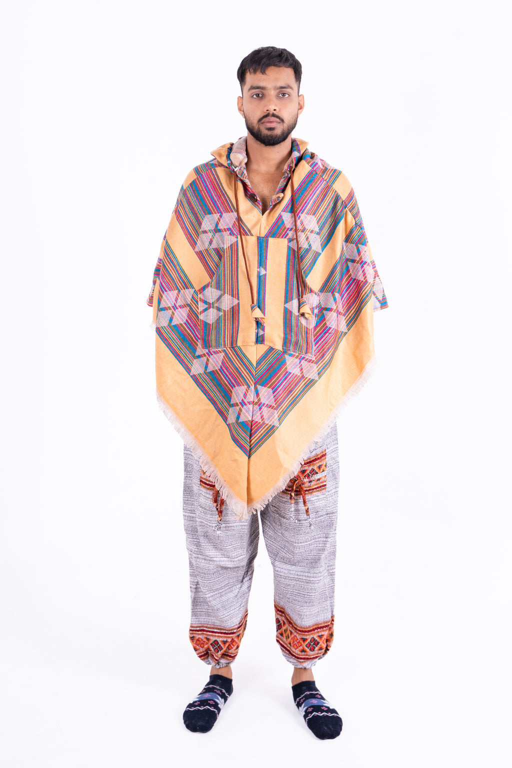 Golden Yellow Ikat Poncho with Multicolor Pattern