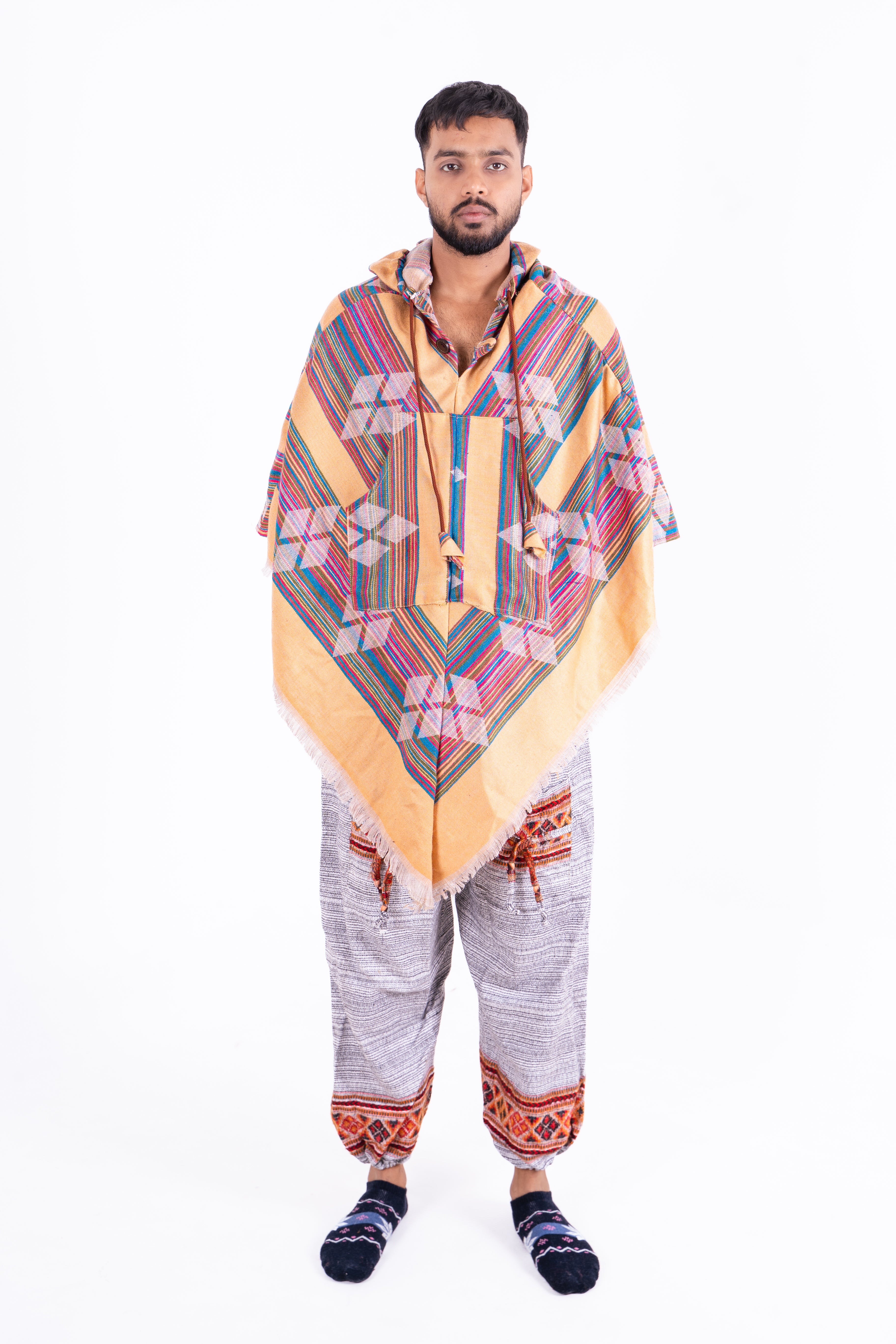 Golden Yellow Ikat Poncho with Multicolor Pattern