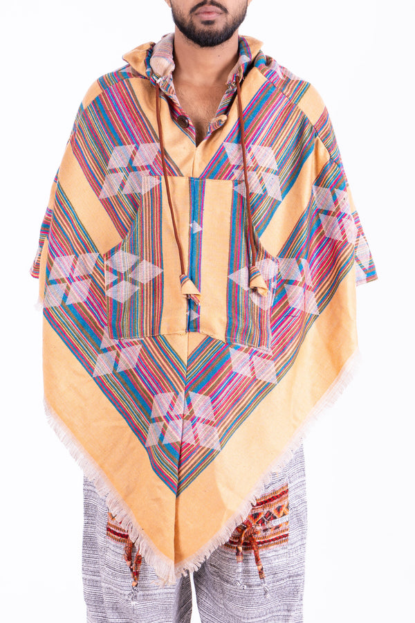 Golden Yellow Ikat Poncho with Multicolor Pattern