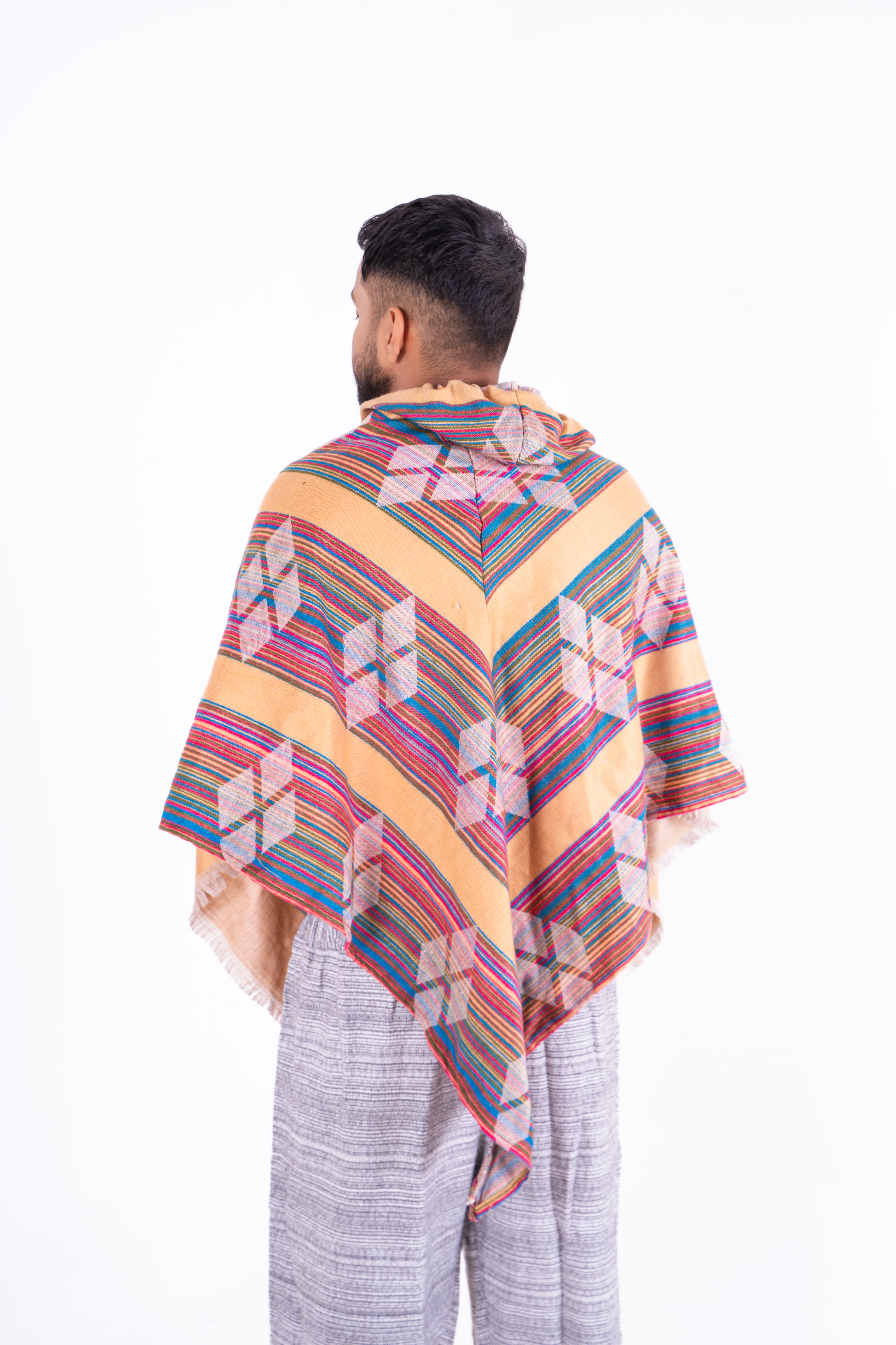 Golden Yellow Ikat Poncho with Multicolor Pattern