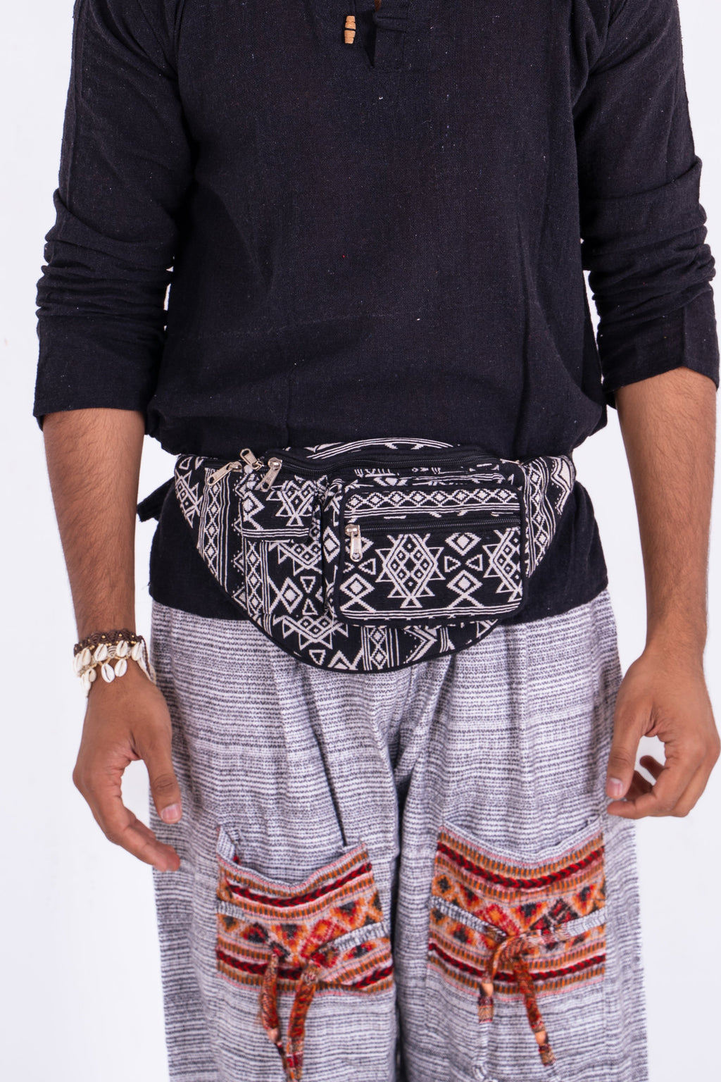 Boho Black Hemp Fanny Pack with Tribal Patterns