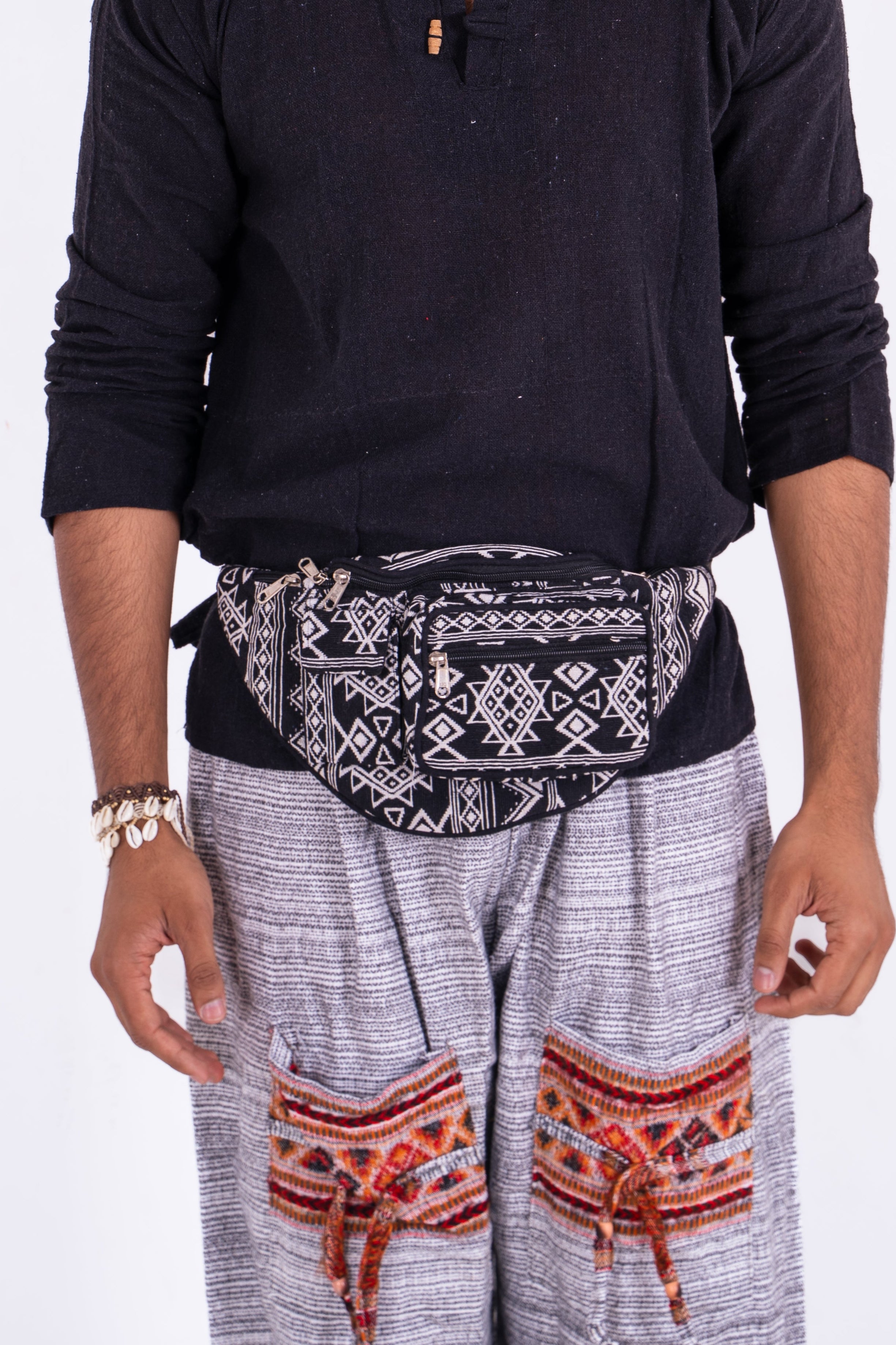 Boho Black Hemp Fanny Pack with Tribal Patterns