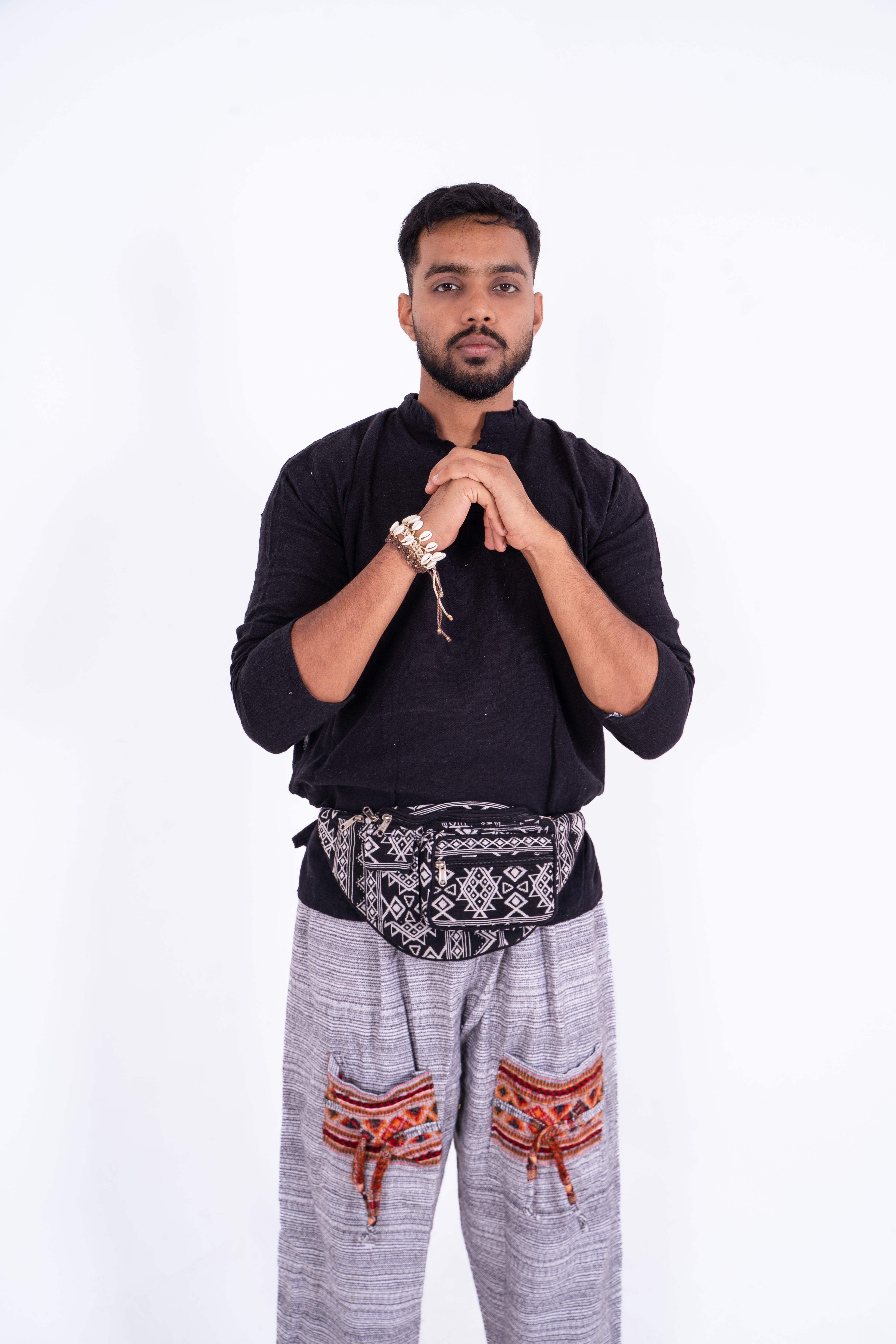 Boho Black Hemp Fanny Pack with Tribal Patterns