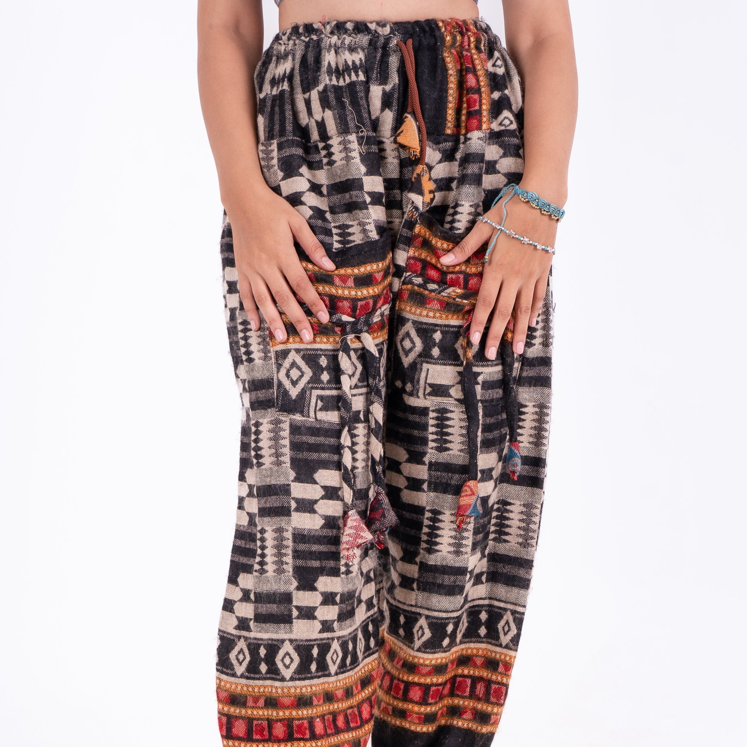 Black Check Ikat Pants with Kullu Detailing