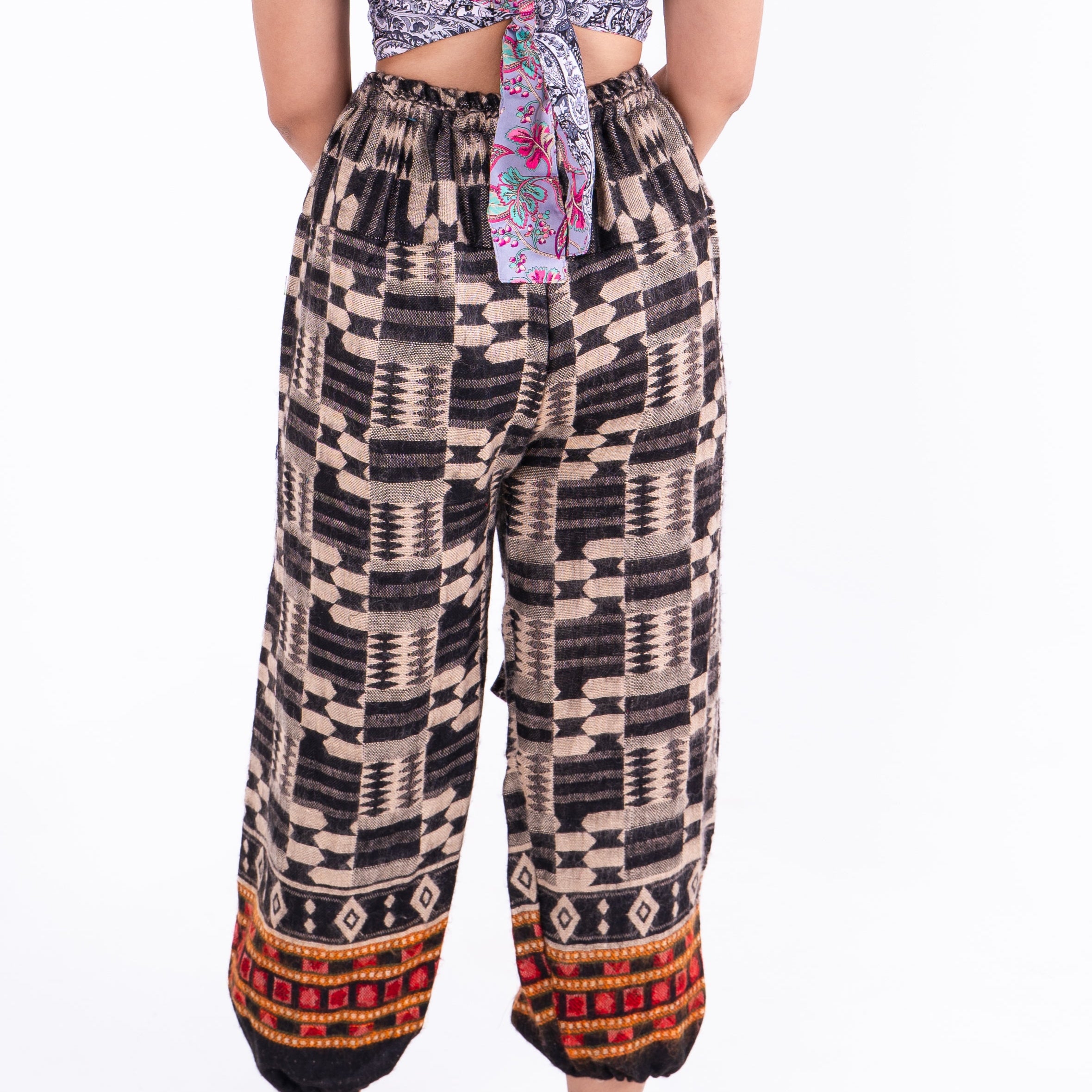 Black Check Ikat Pants with Kullu Detailing