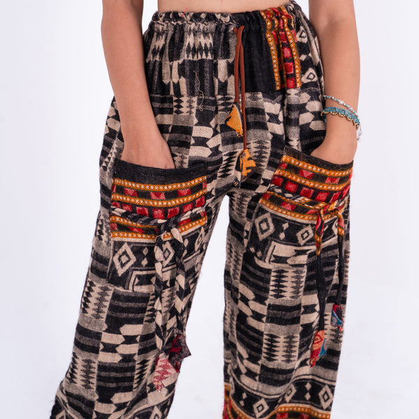 Black Check Ikat Pants with Kullu Detailing