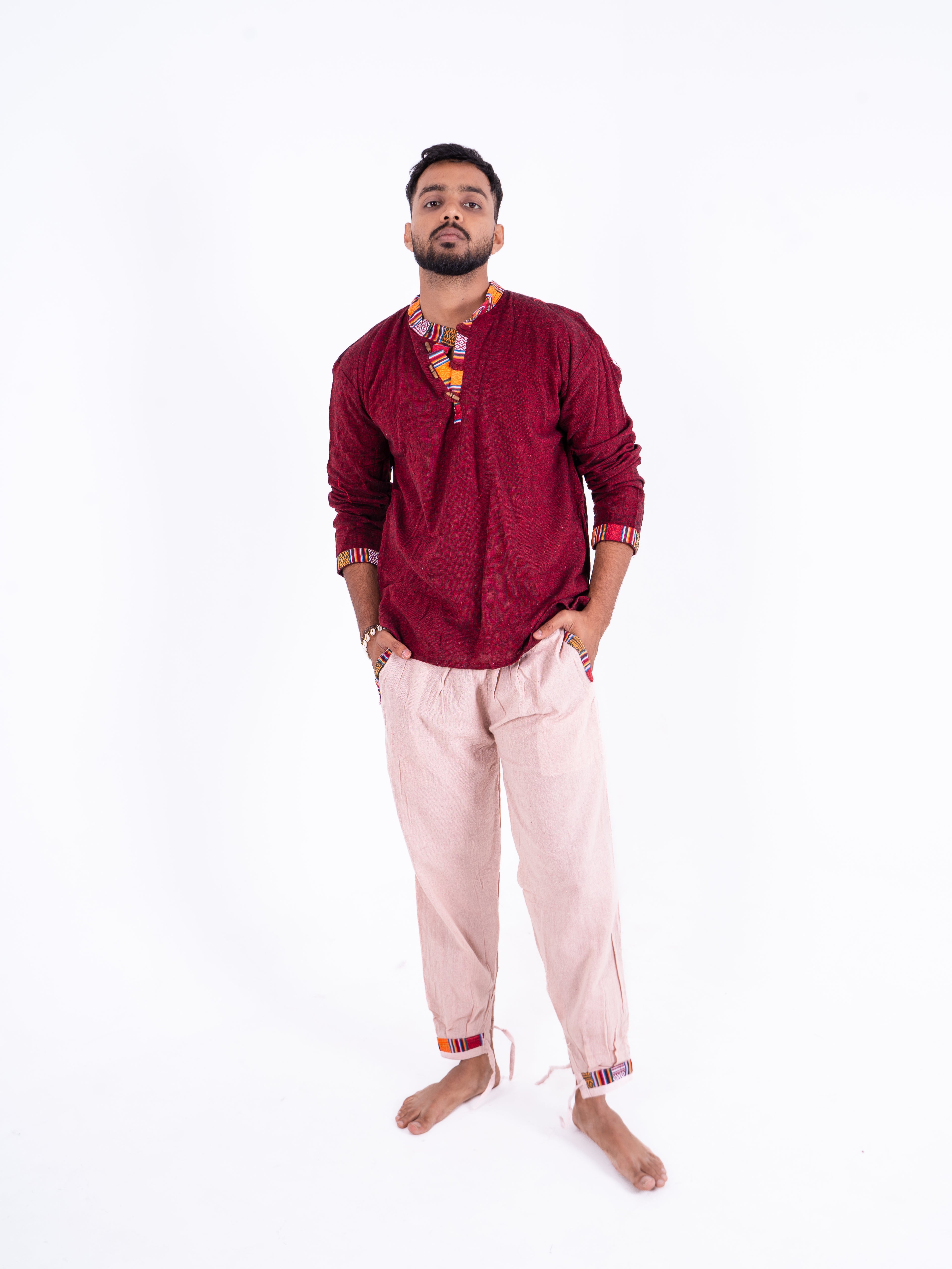 Maroon Bhutani Kurta Paired with White Cotton Pants