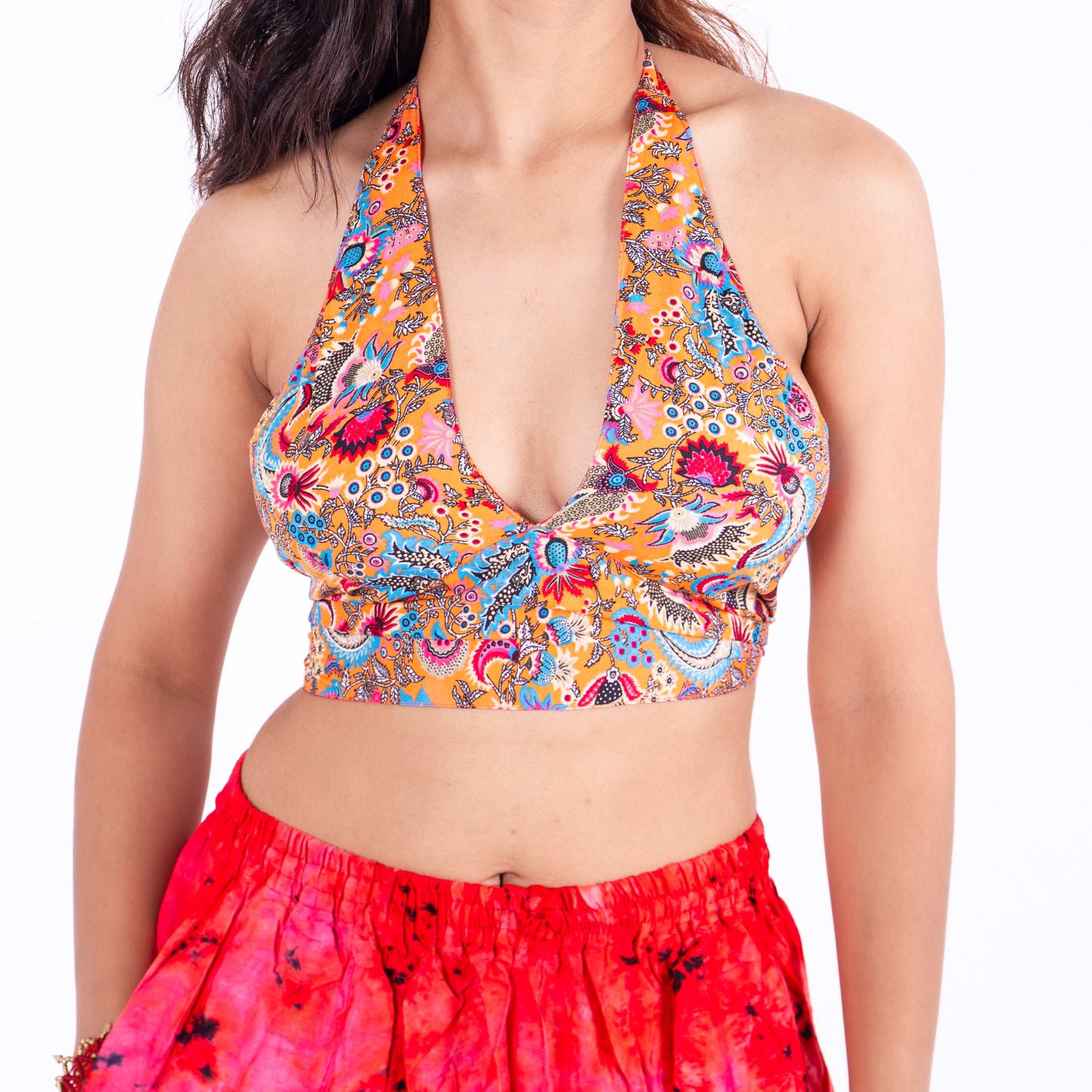 Boho Reversible Halter Crop Top (Orange/Blue Mix)