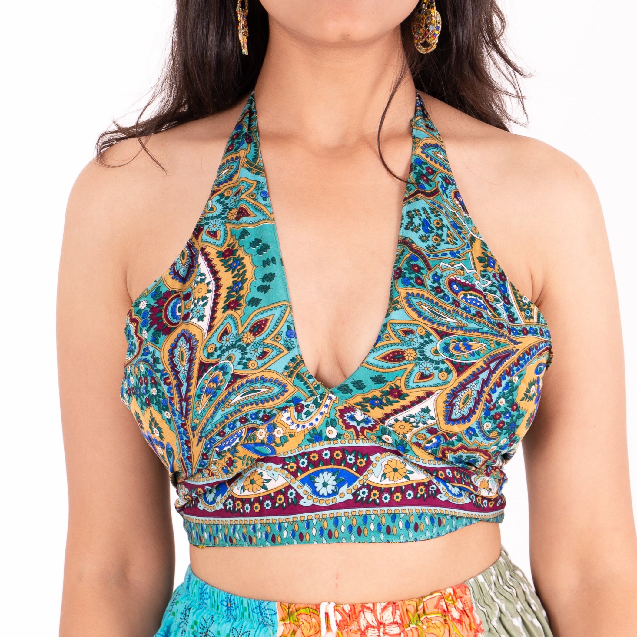 Boho Halter Neck Reversible Crop Top | Double-Sided | Multi-Pattern Design